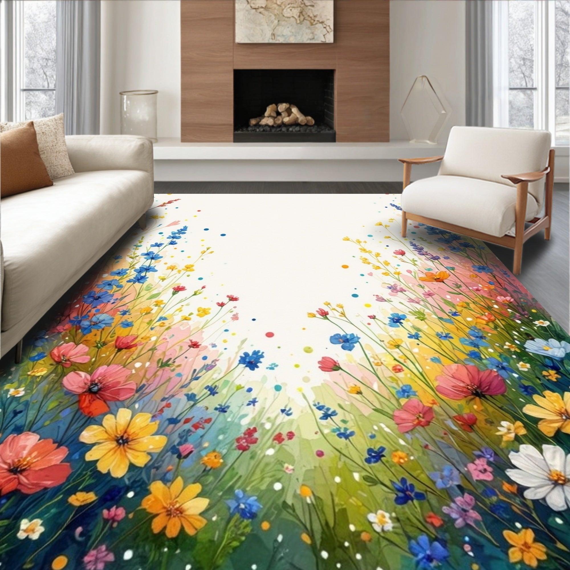 Whimsical Watercolor Meadow Floral Pattern Rug