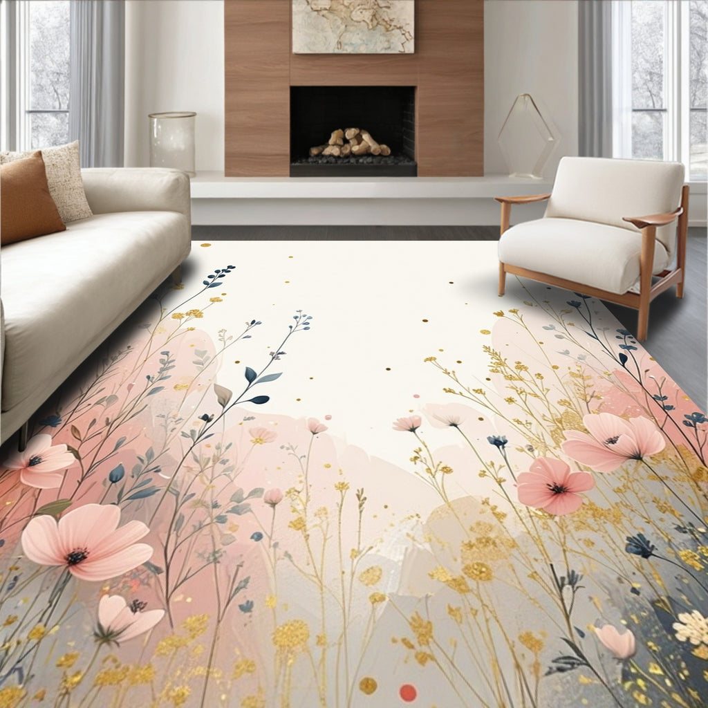Whimsical Floral Meadow Watercolor Art Rug