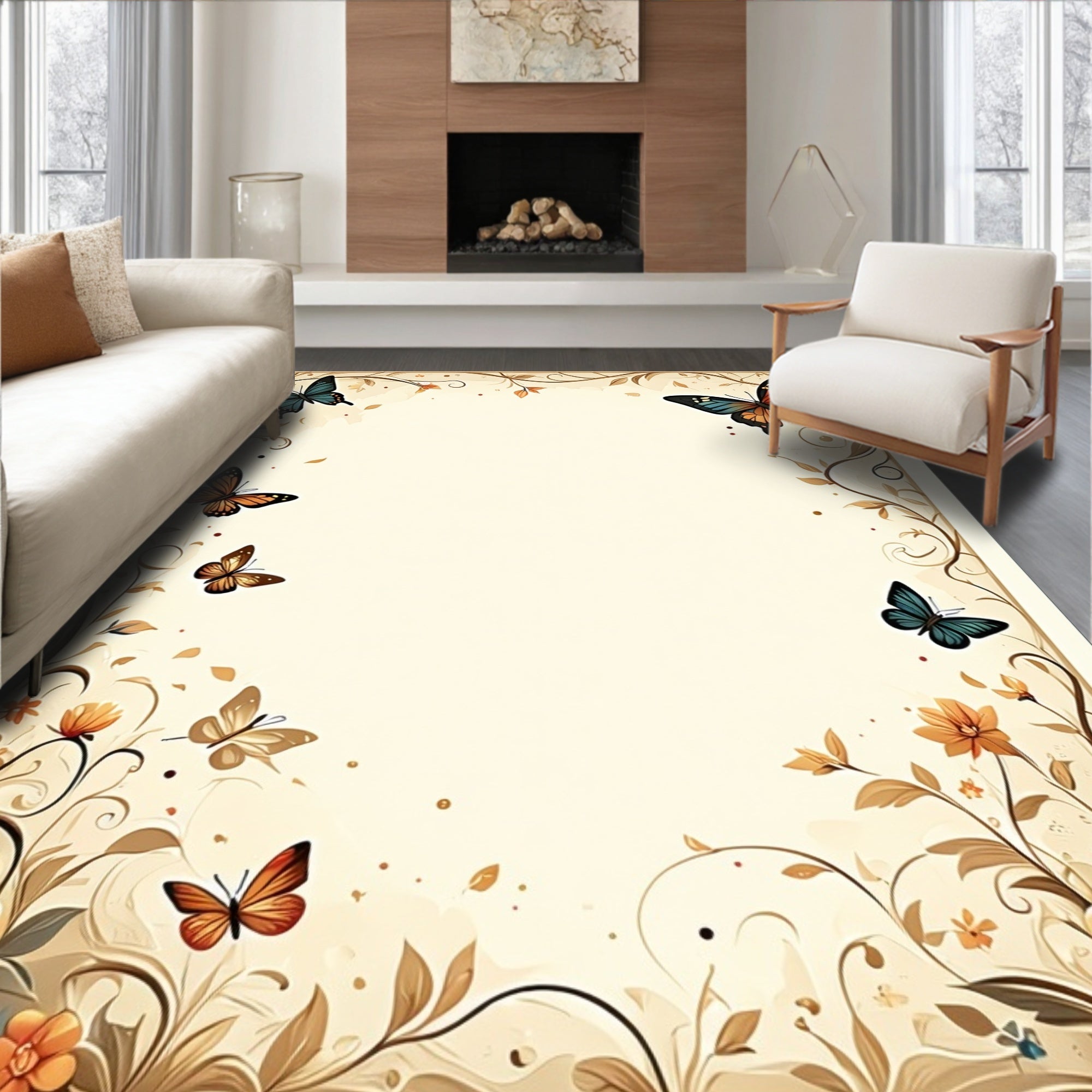 Nature Print Butterfly Floral Design Rug