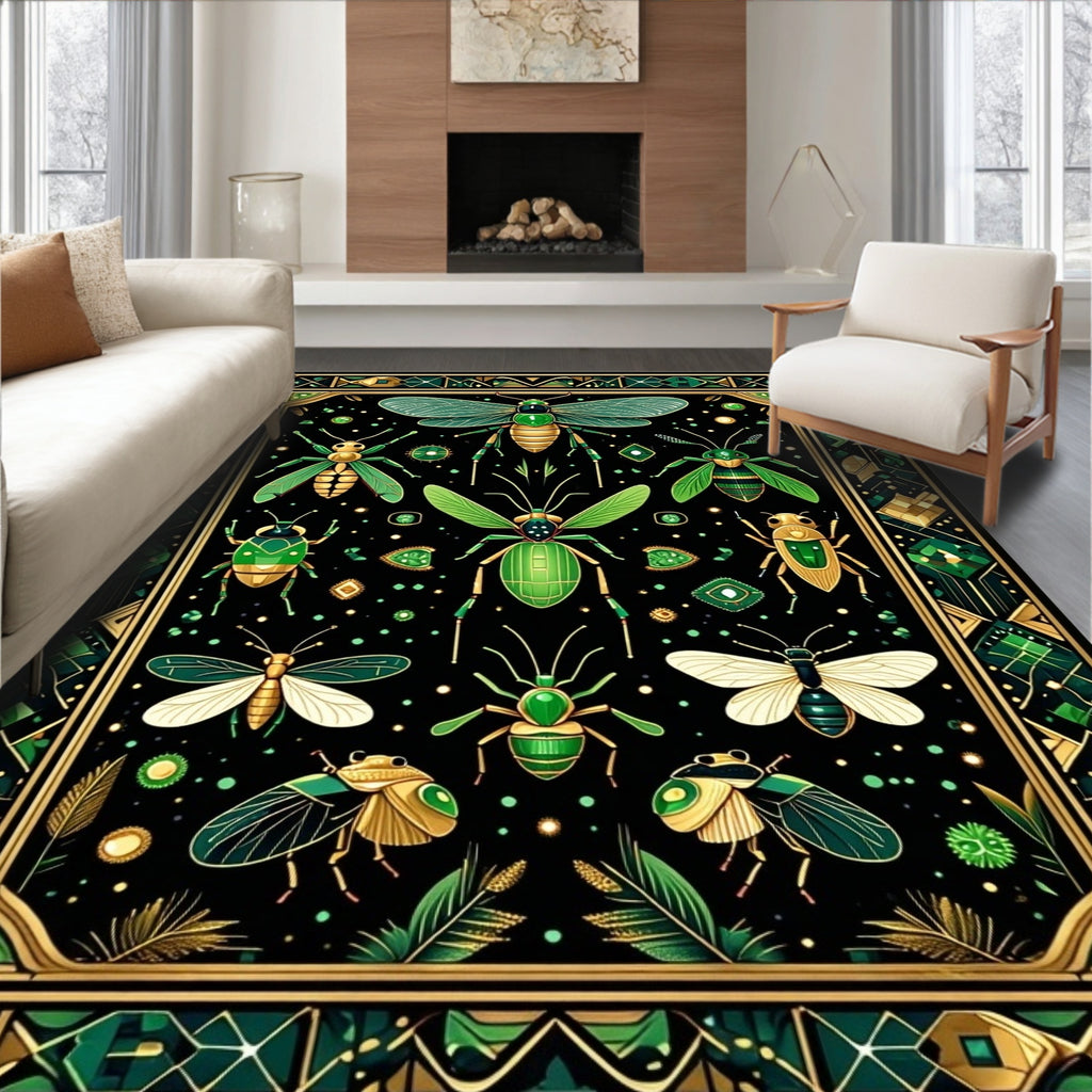 Ornate Emerald Insect Pattern Design Rug