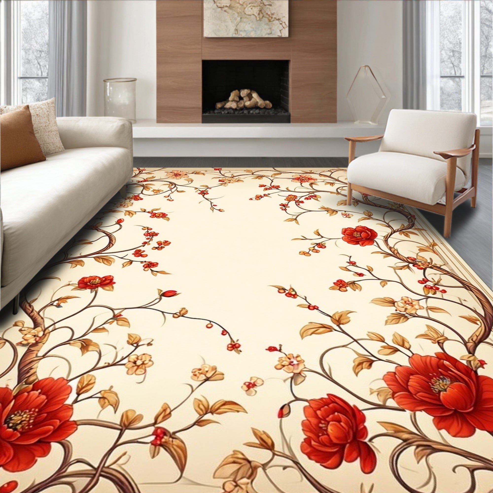 Vibrant Floral Vining Scroll Pattern Rug