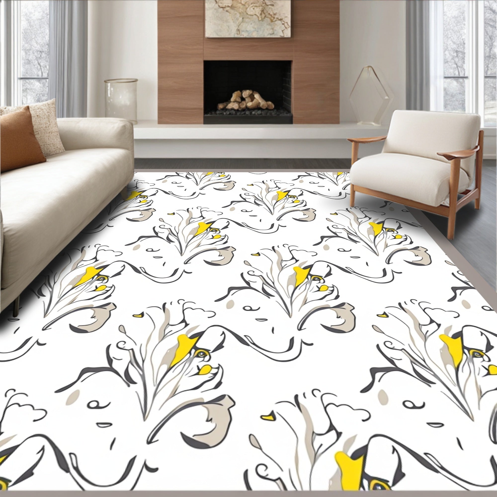 Abstract Floral Design with Yellow Accents Rug