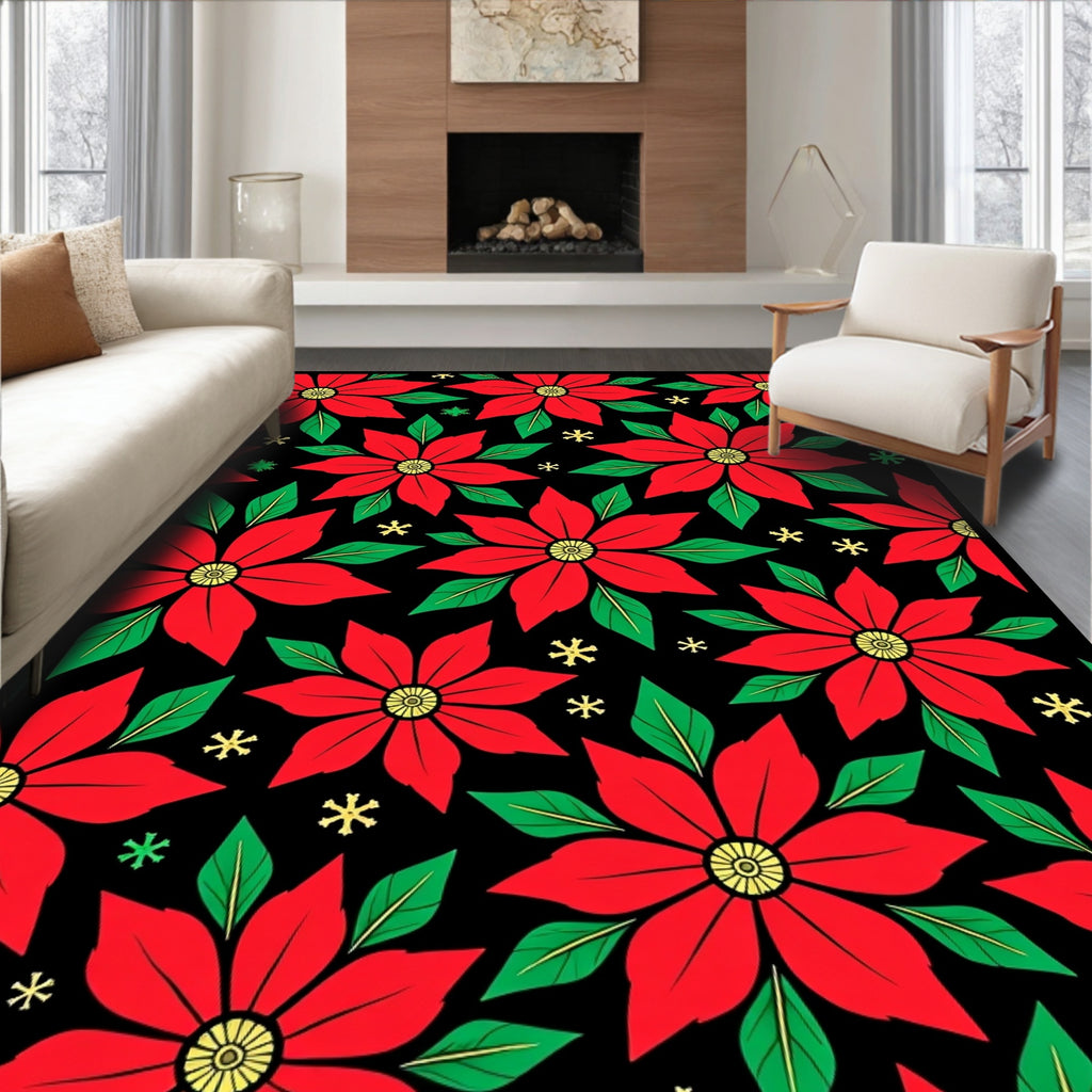 Black Red Poinsettia Floral Snowflake Rug