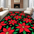 Black Red Poinsettia Floral Snowflake Rug