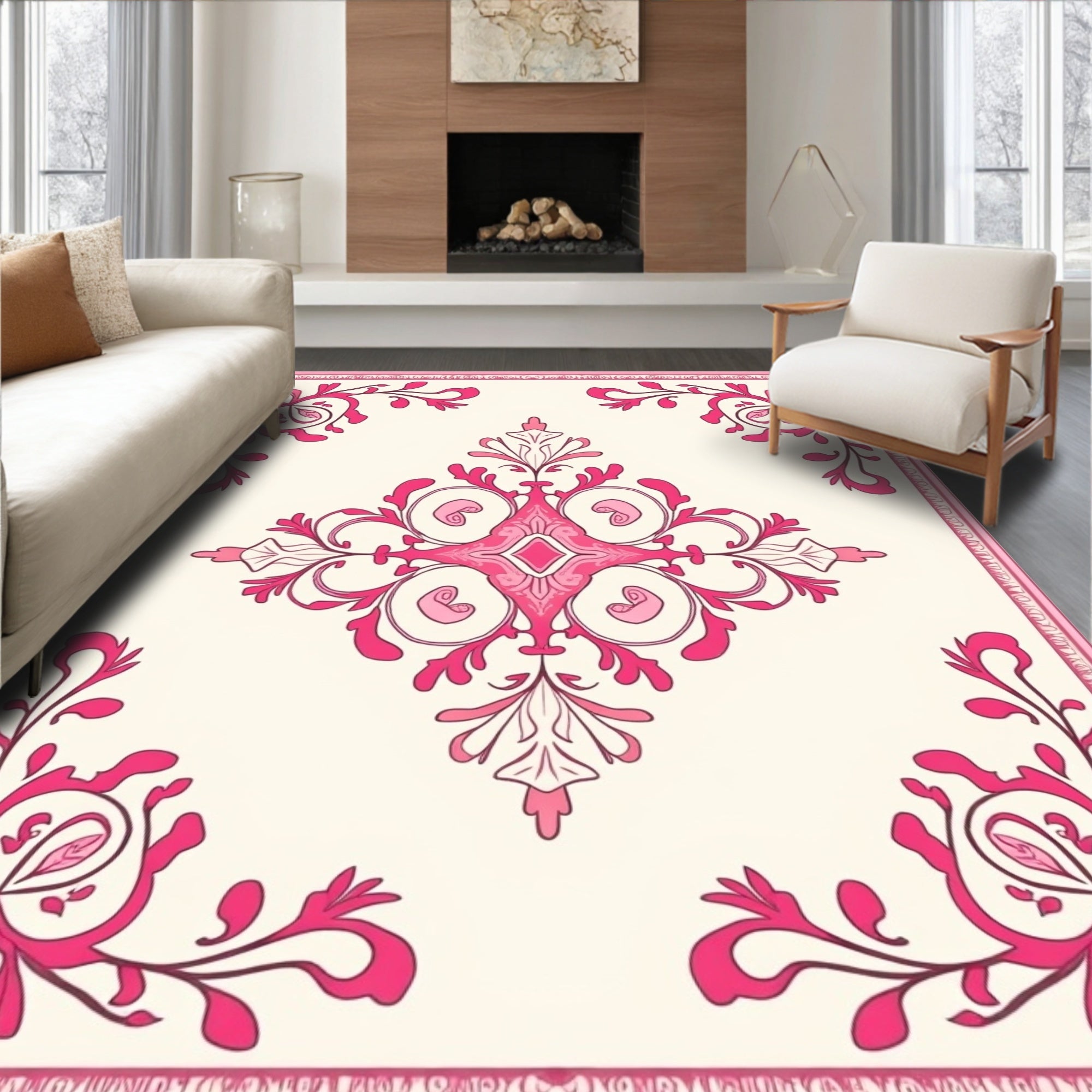 Pink Floral Scrollwork Medallion Pattern Rug