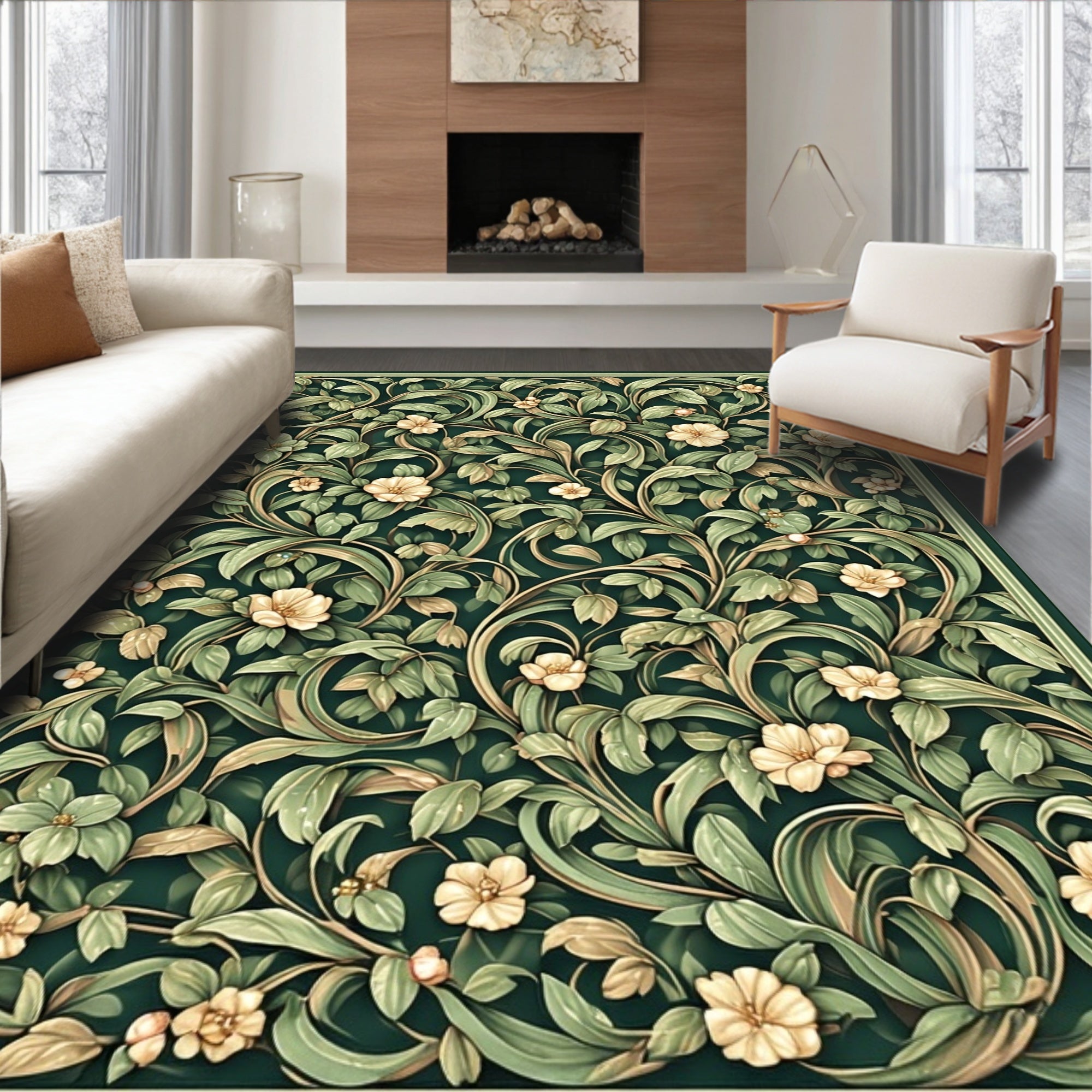 Deep Green Floral Vines Pattern Rug