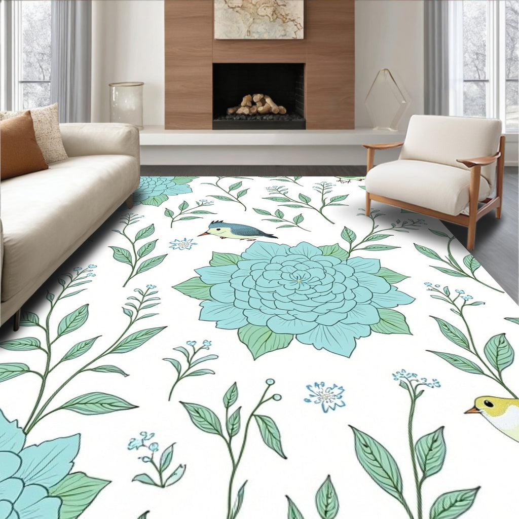 Turquoise Floral And Bird Pattern Rug