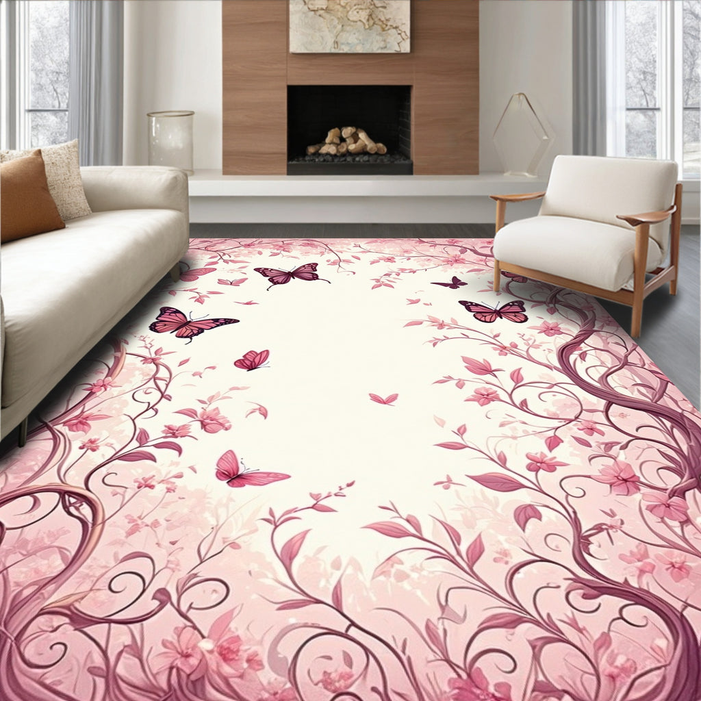 Pink Butterflies Floral Vines Rug