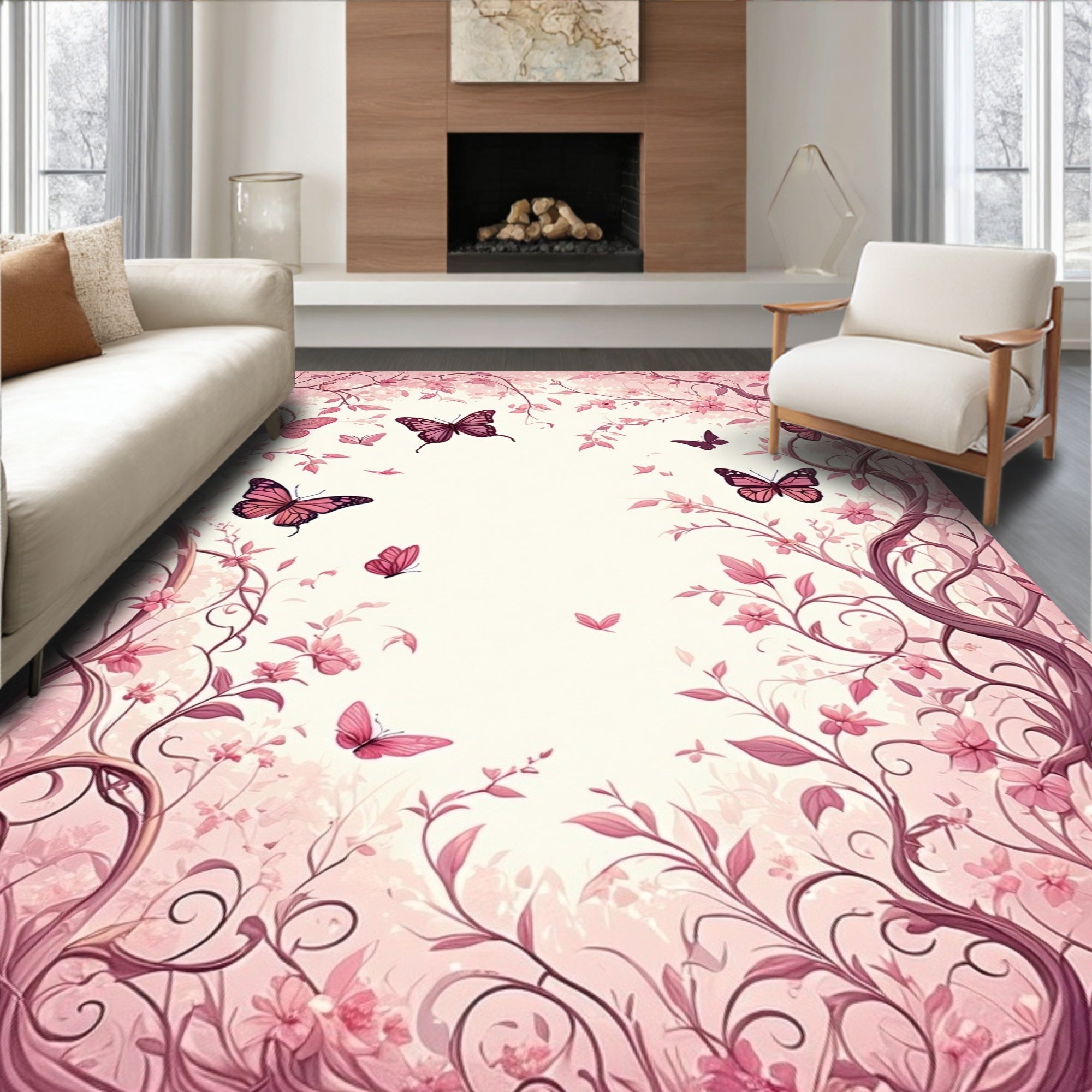 Pink Butterflies Floral Vines Rug