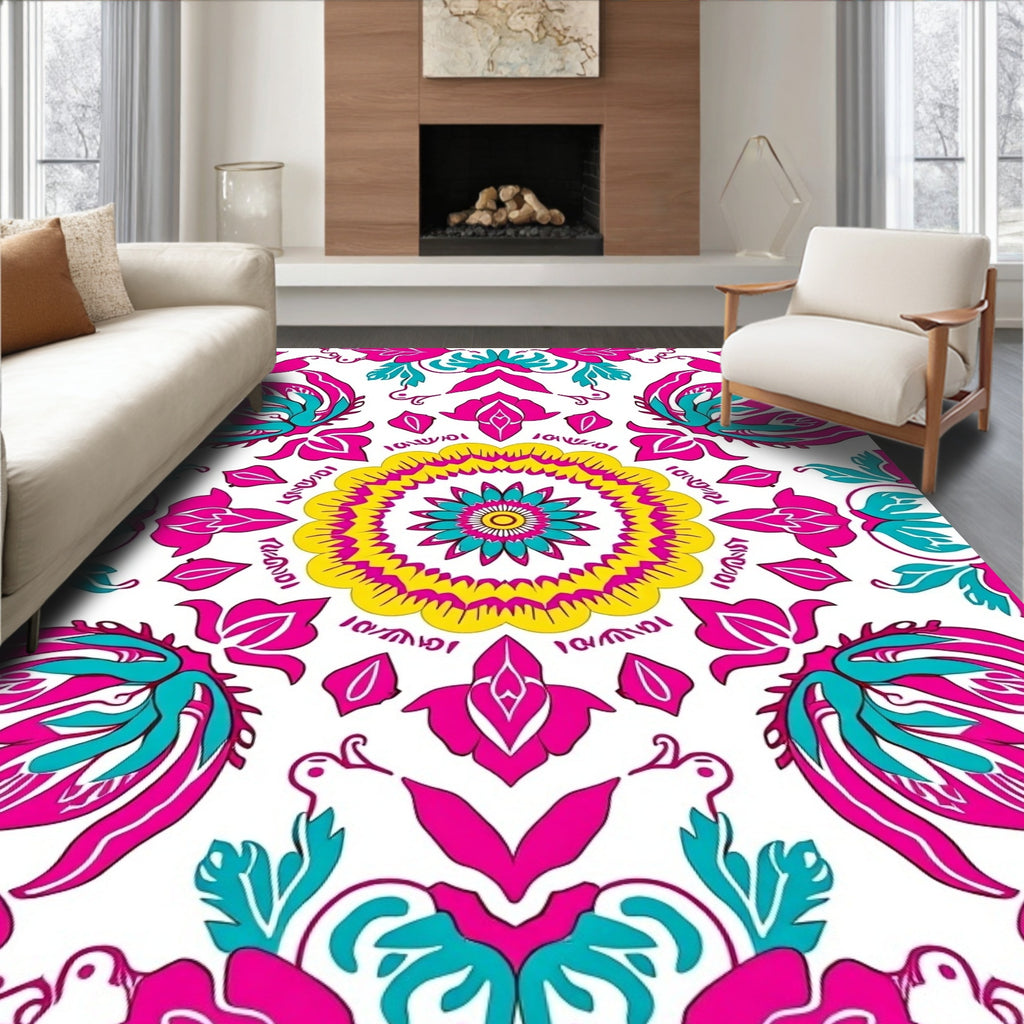 Vivid Mandala Pink Teal Yellow Pattern Rug