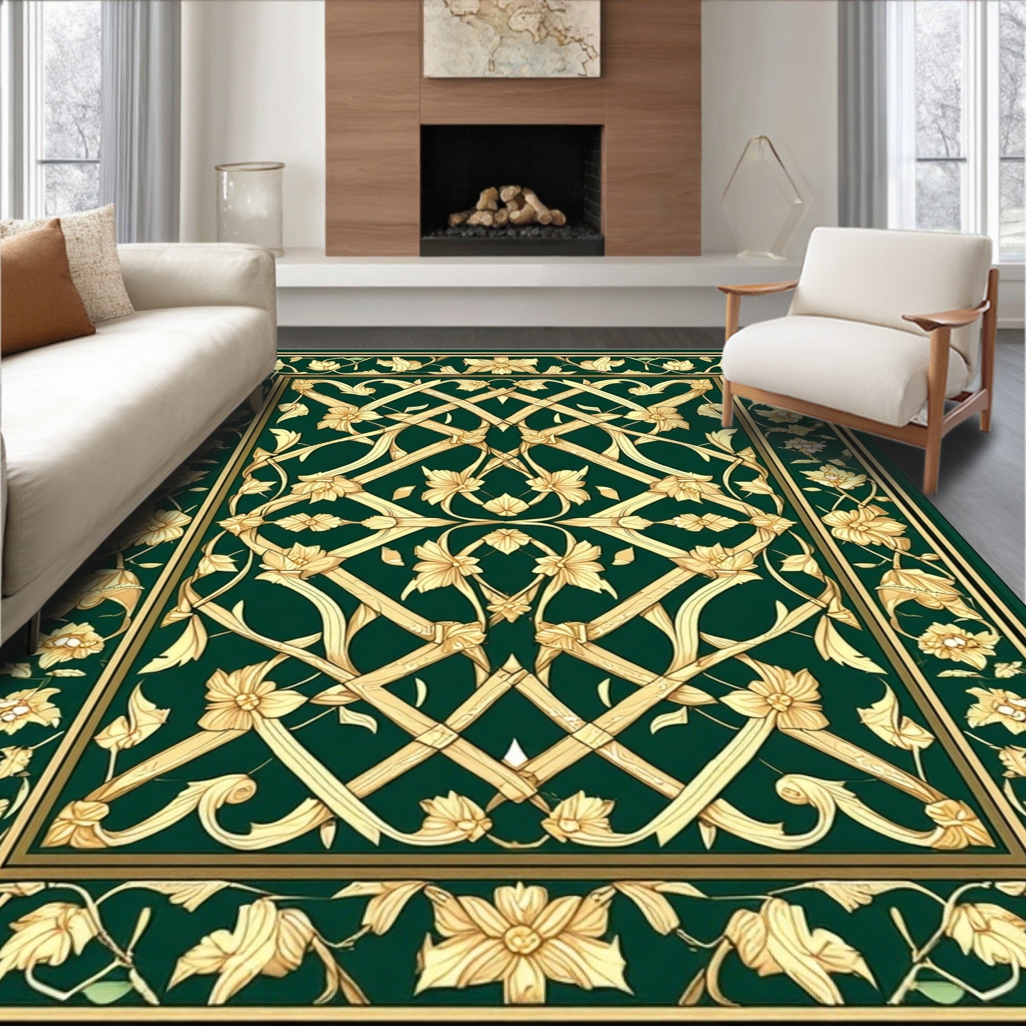 Emerald Gold Floral Lattice Rug