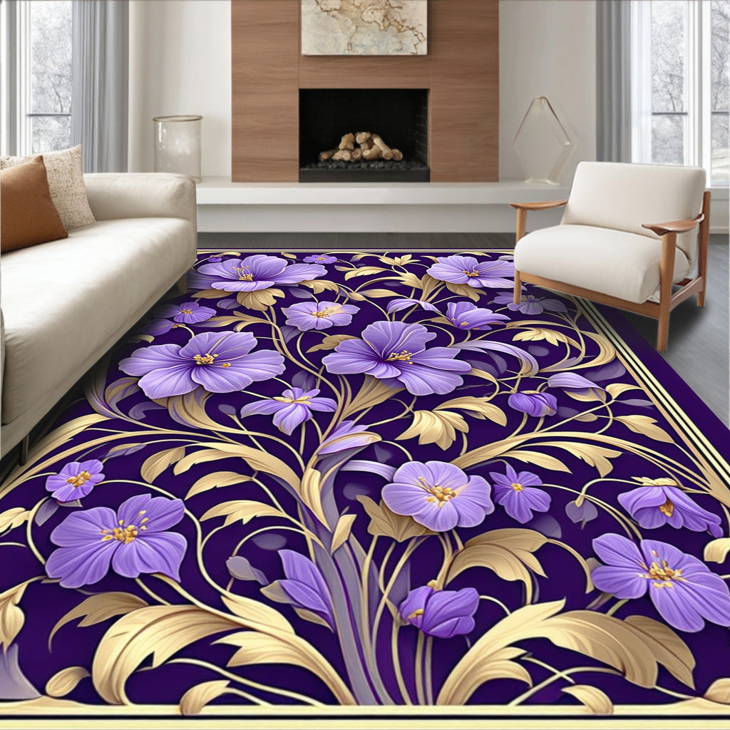 Lavish Purple Floral Golden Vine Rug
