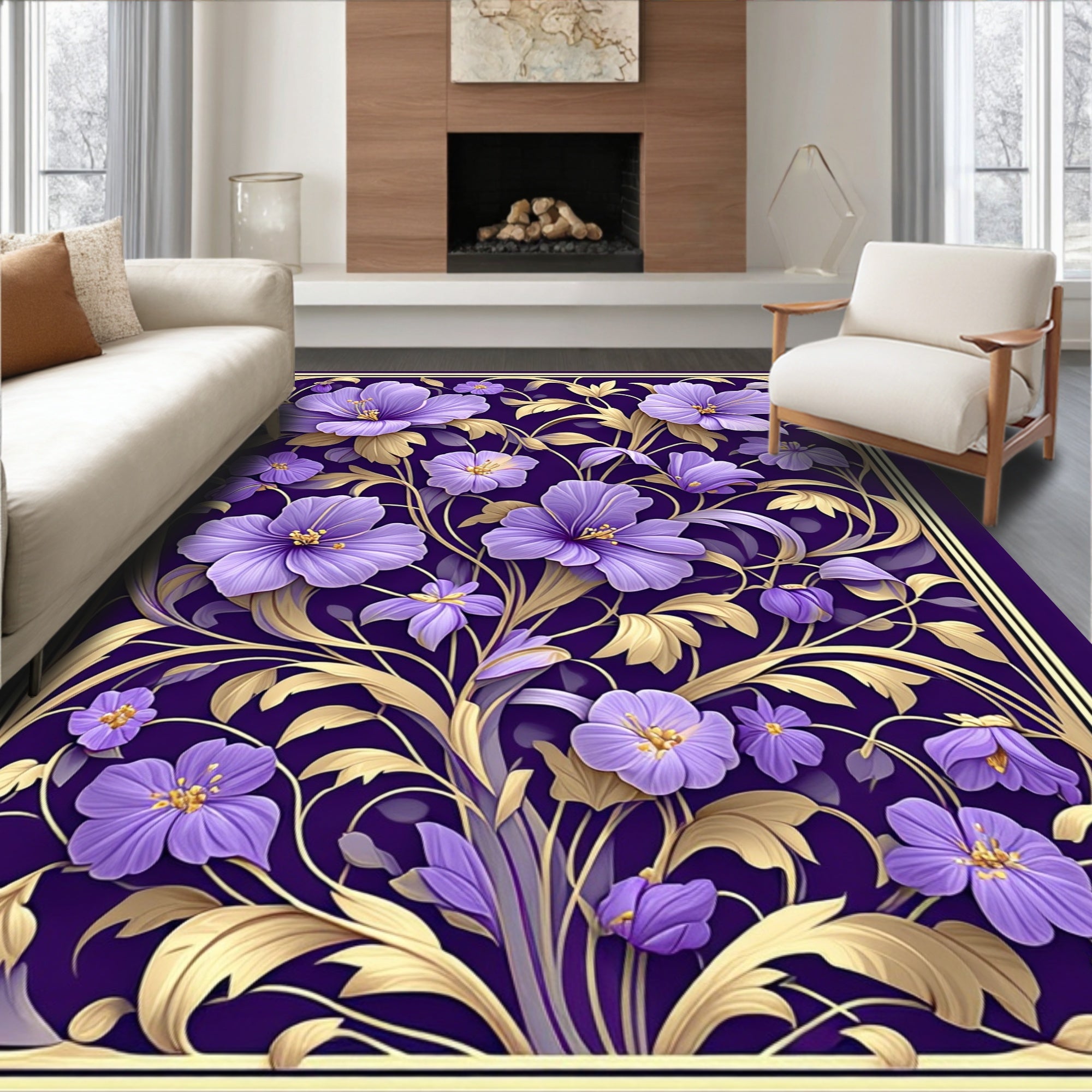 Lavish Purple Floral Golden Vine Rug
