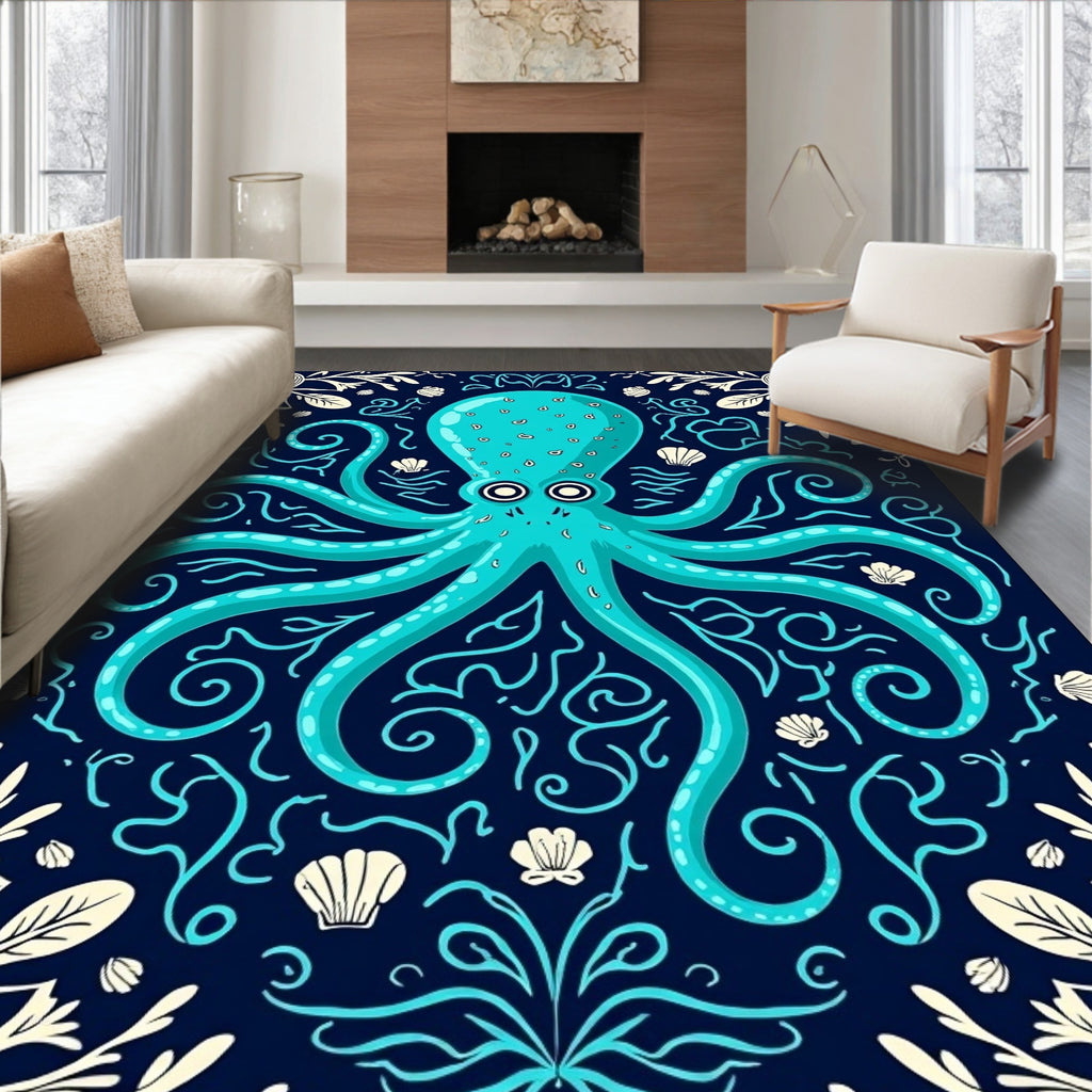 Aqua Octopus With Seashell Border Rug