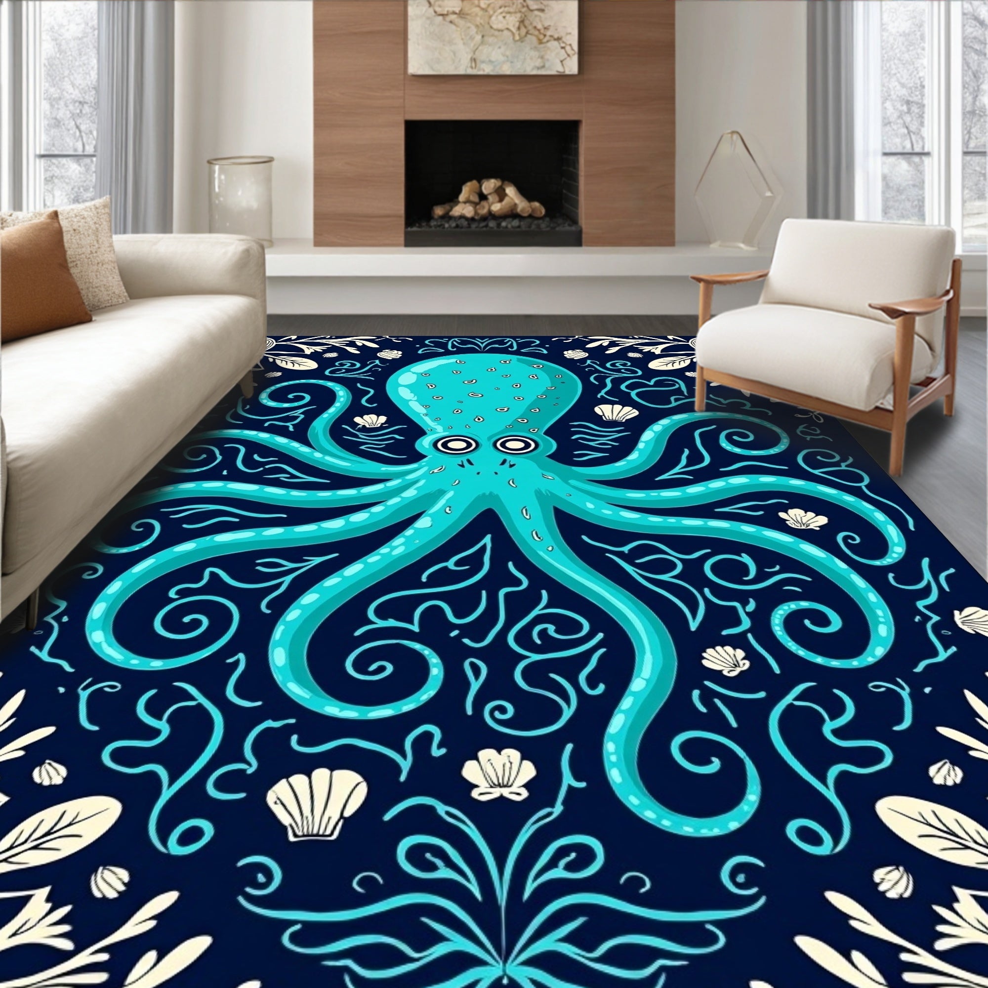 Aqua Octopus With Seashell Border Rug