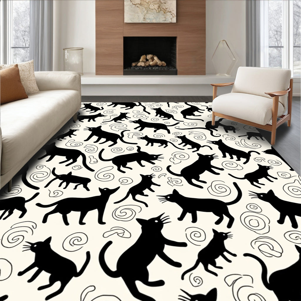 Whimsical Black Cats and Swirls Pattern Rug