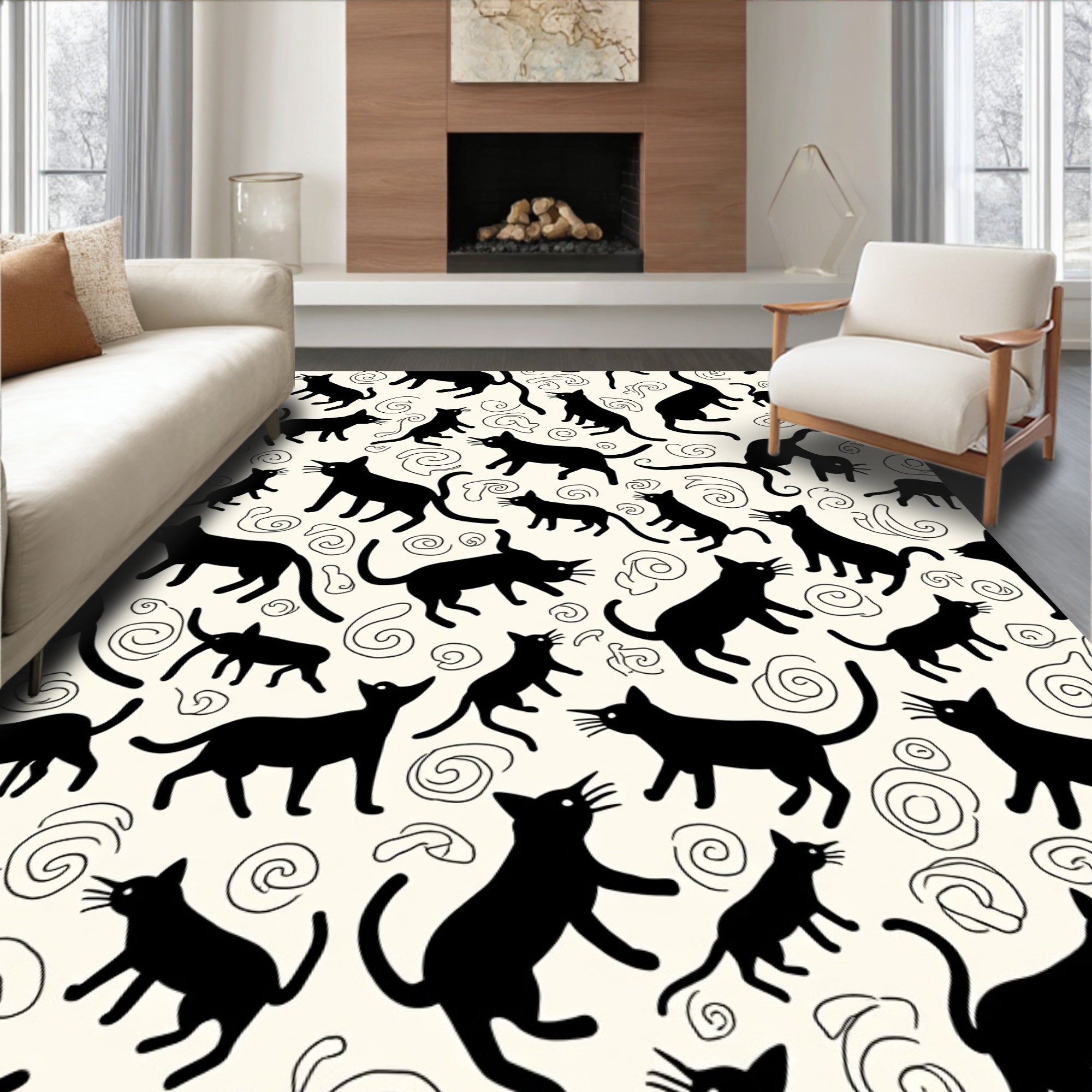 Whimsical Black Cats and Swirls Pattern Rug