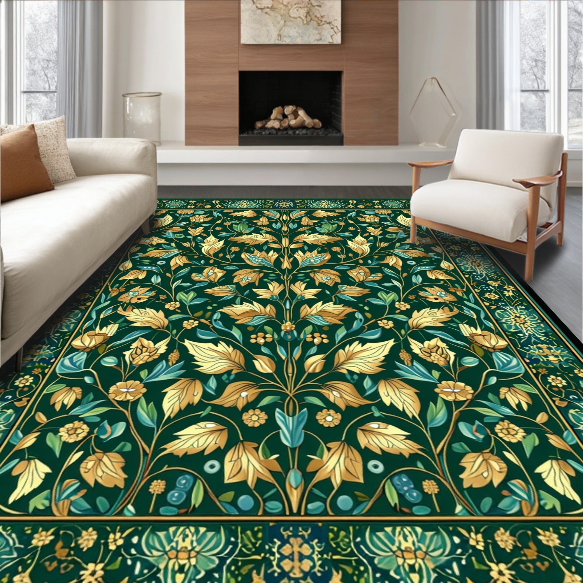 Emerald Green Floral Art Nouveau Rug