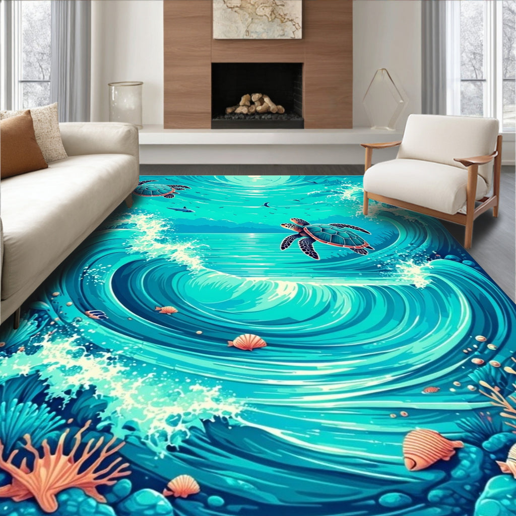 Ocean Turtle Wave Splash Design Rug