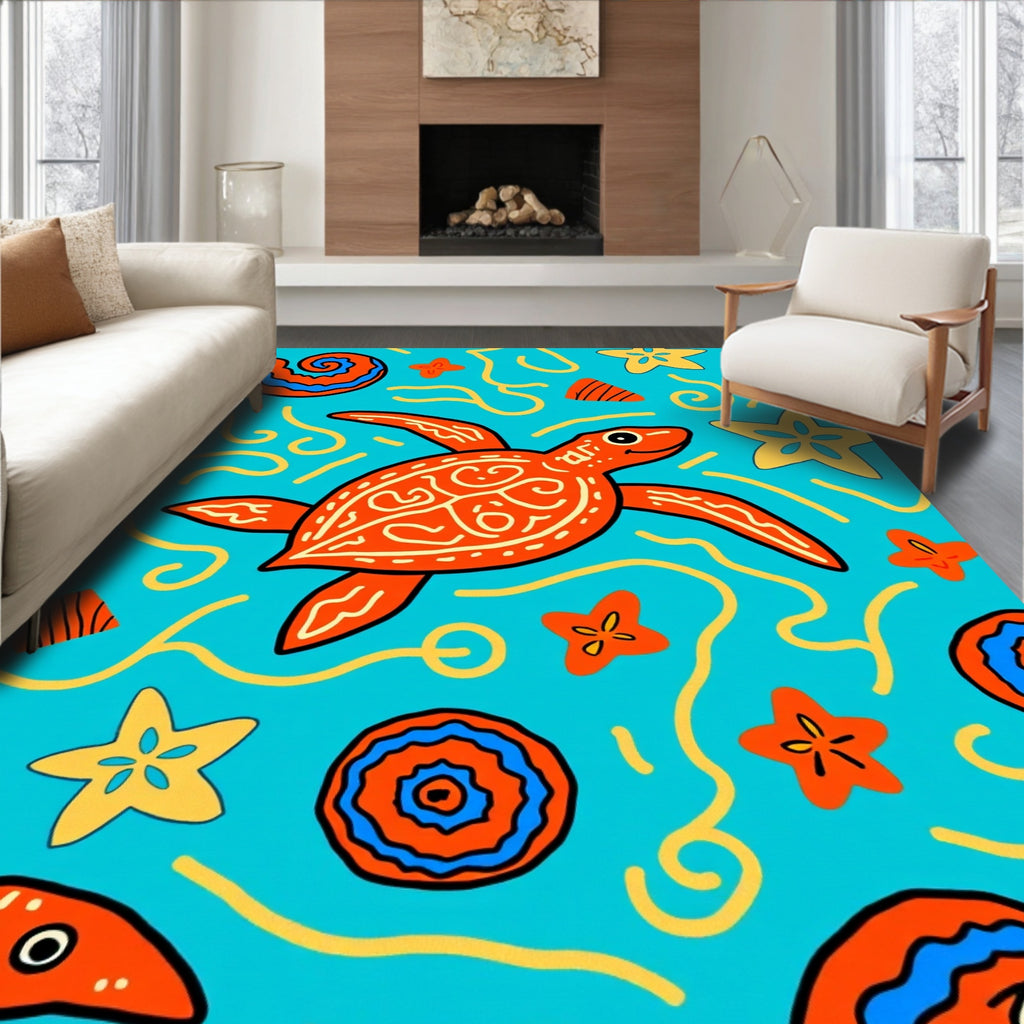 Bright Orange Turtle Nautical Pattern Rug