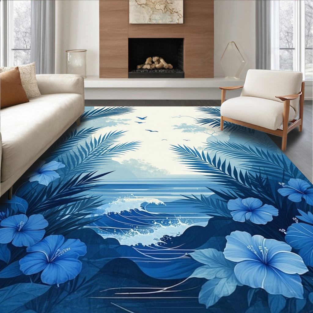 Tropical Ocean Hibiscus and Palm Leaf Rug