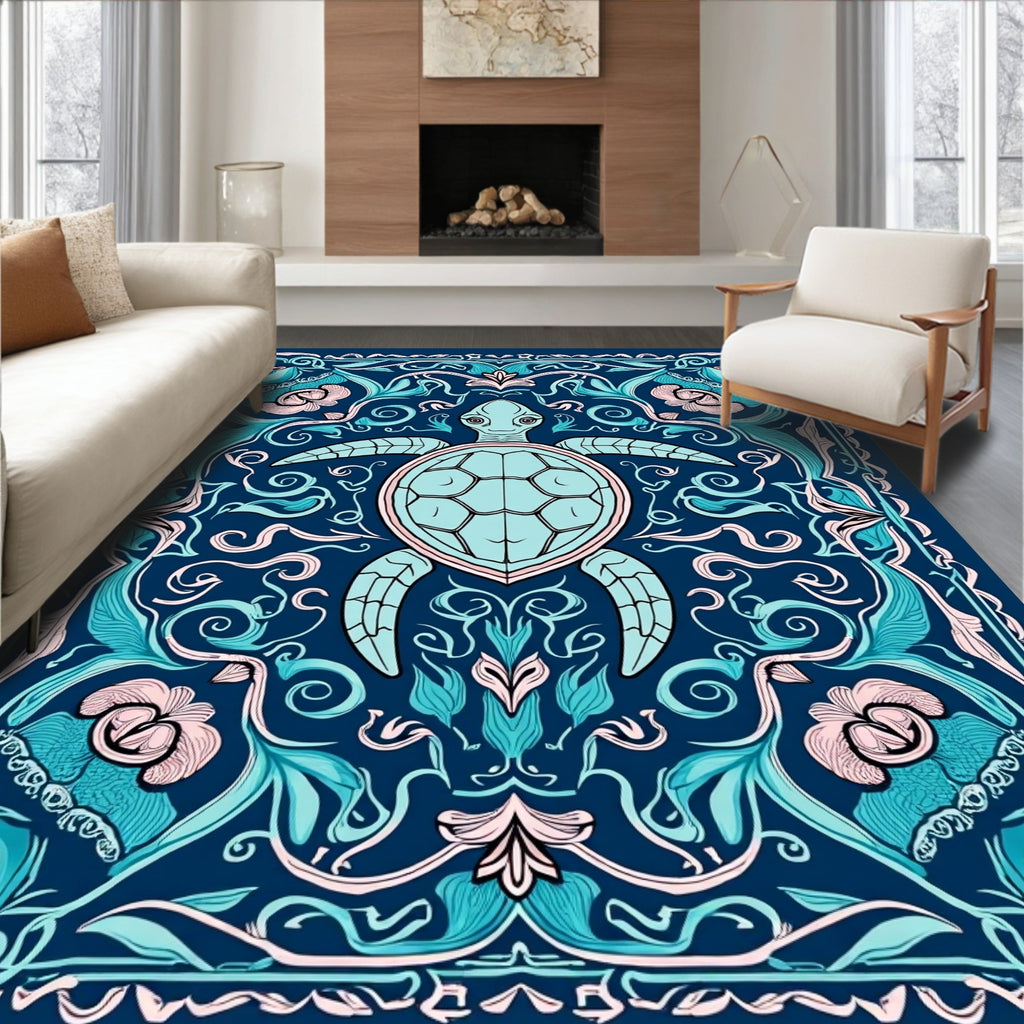 Whimsical Turtle Floral Scroll Design Rug