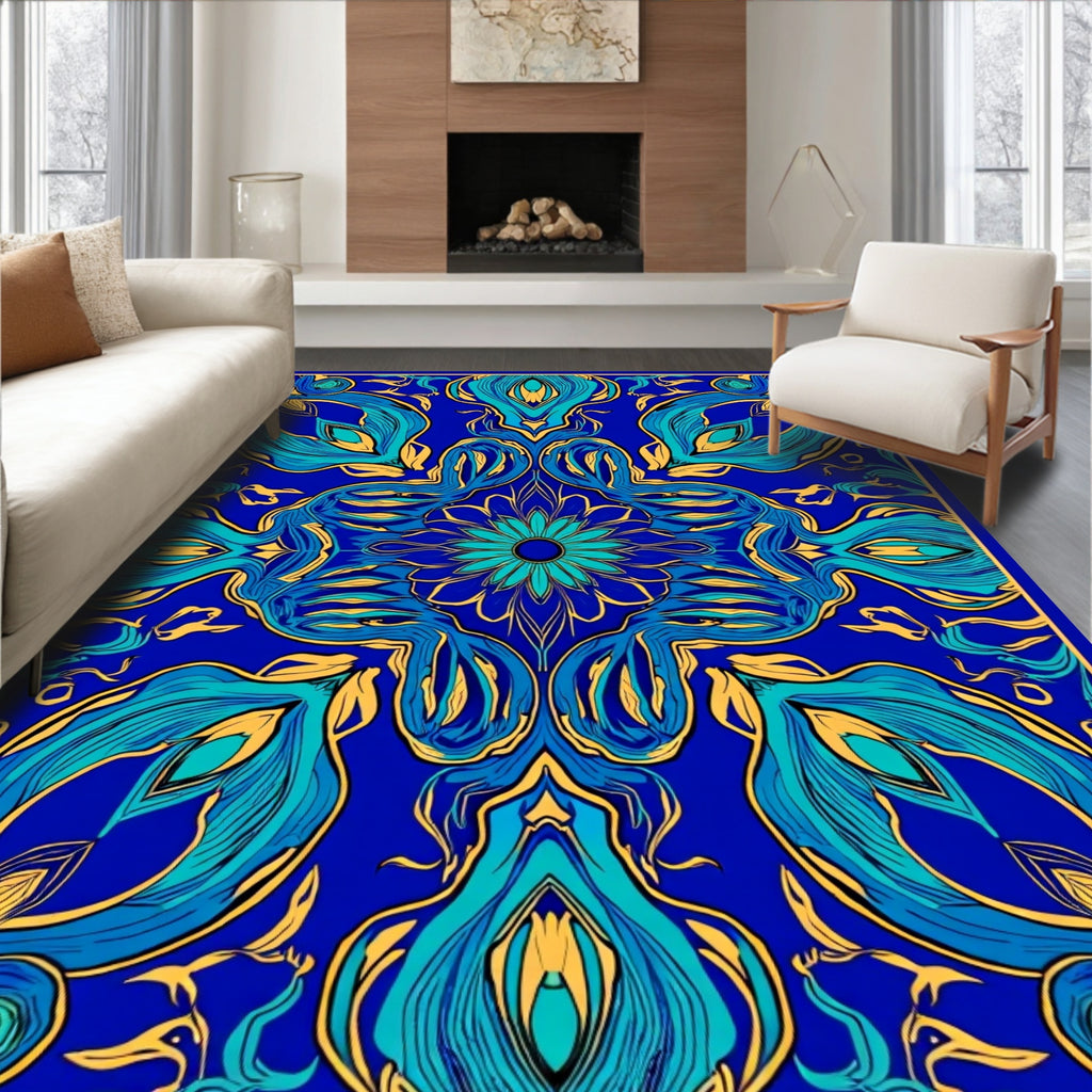 Vibrant Blue Teal Floral Pattern Rug