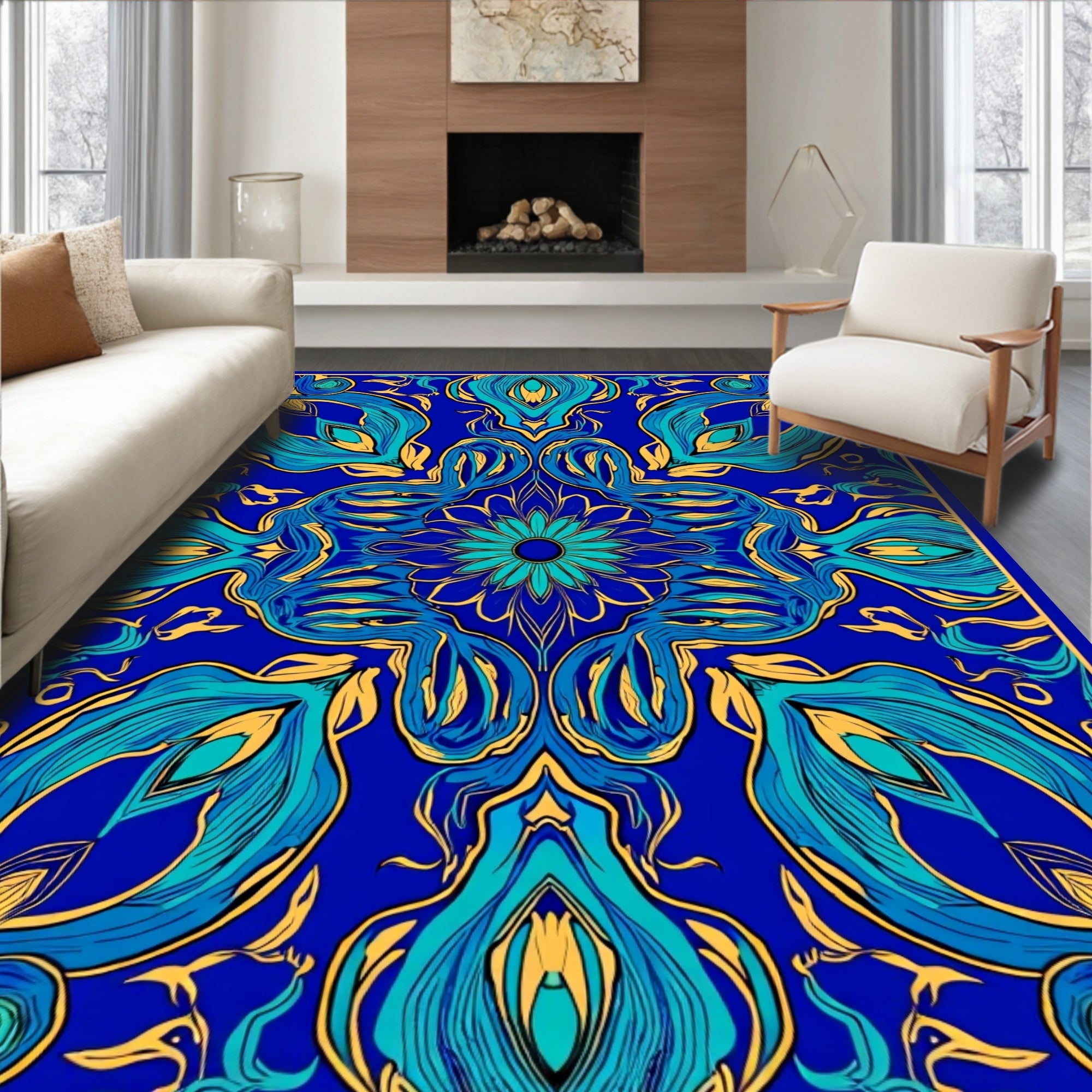 Vibrant Blue Teal Floral Pattern Rug