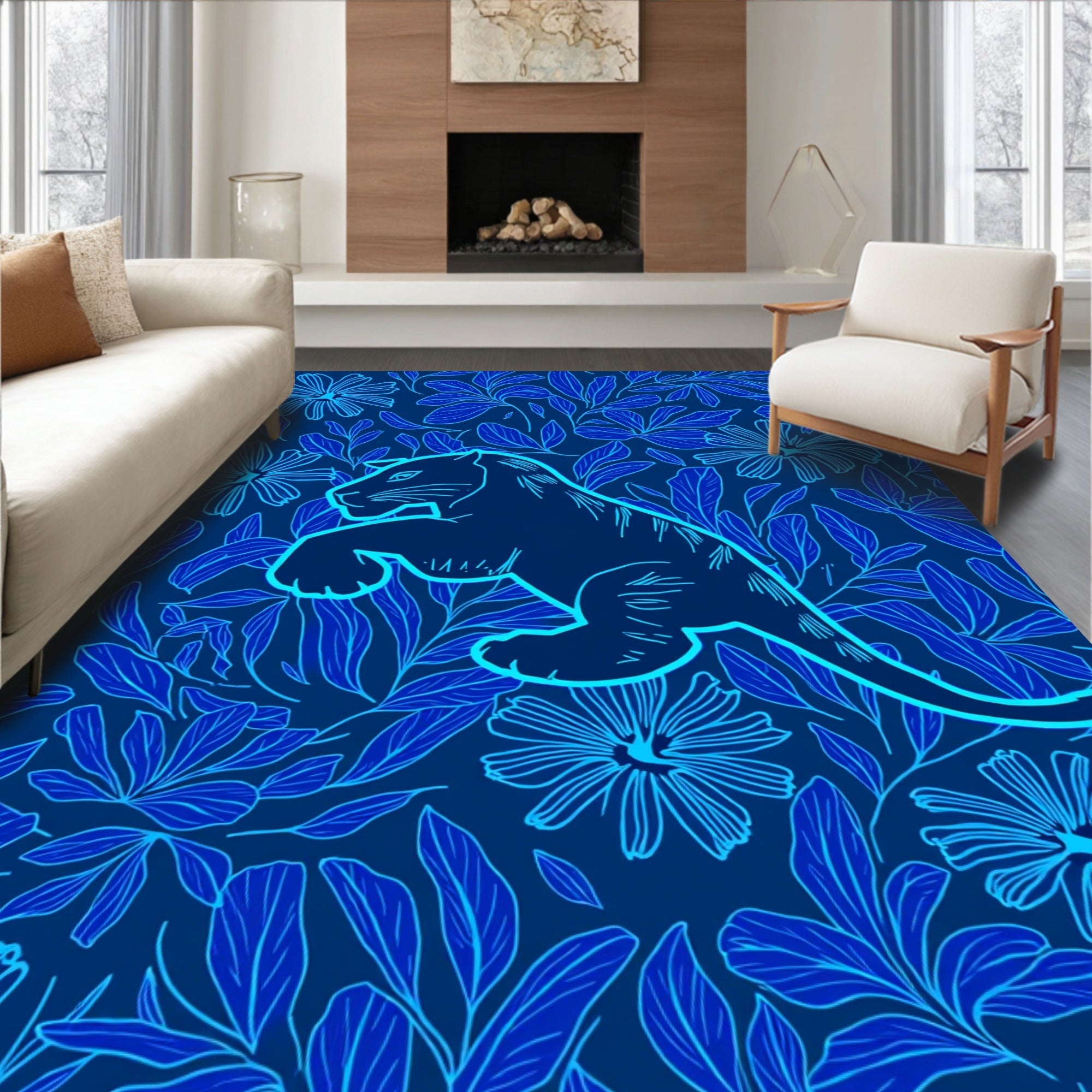 Wild Cat Floral Pattern Design Rug