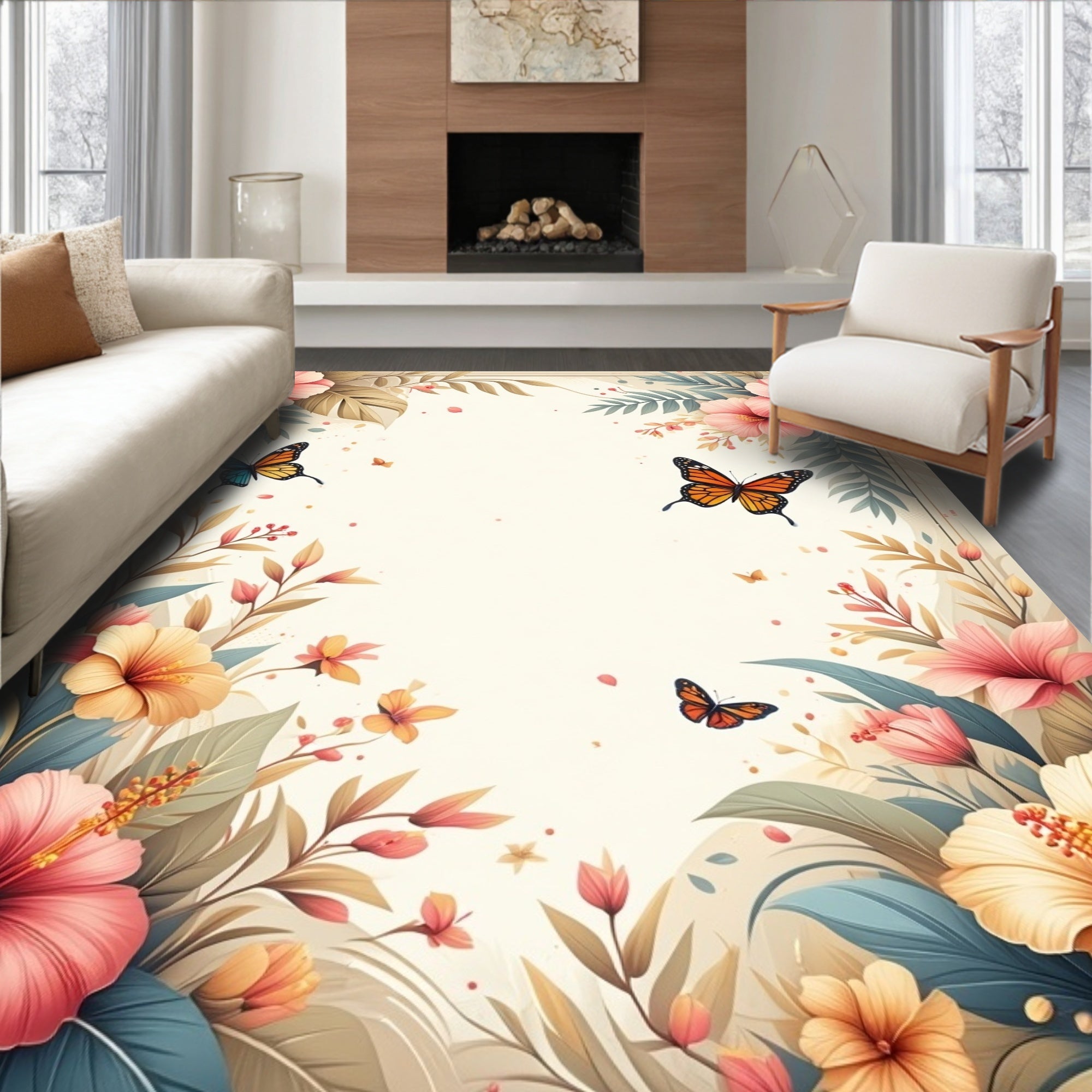 Tropical Floral Butterfly Garden Design Rug