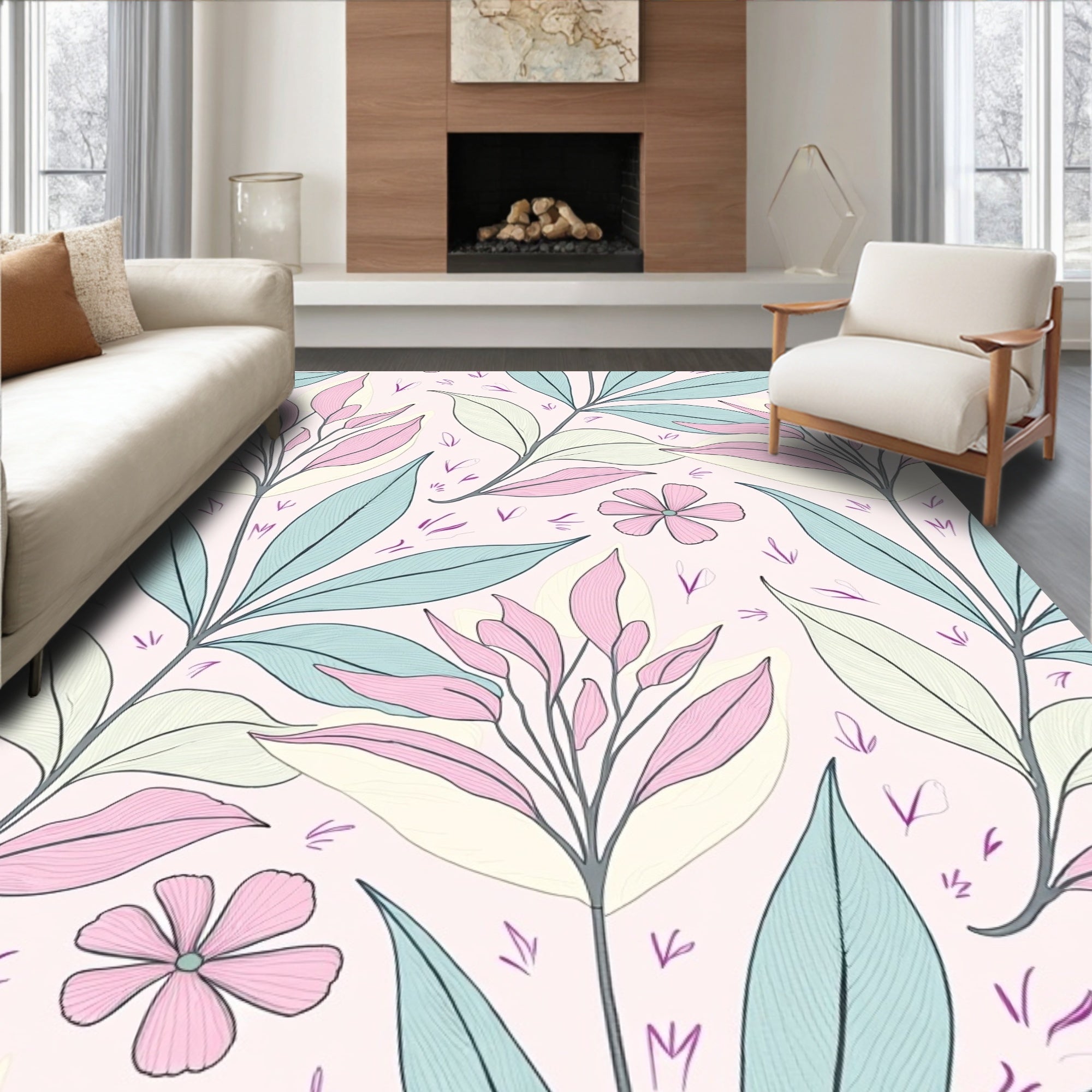 Pastel Petal And Leaf Pattern Rug