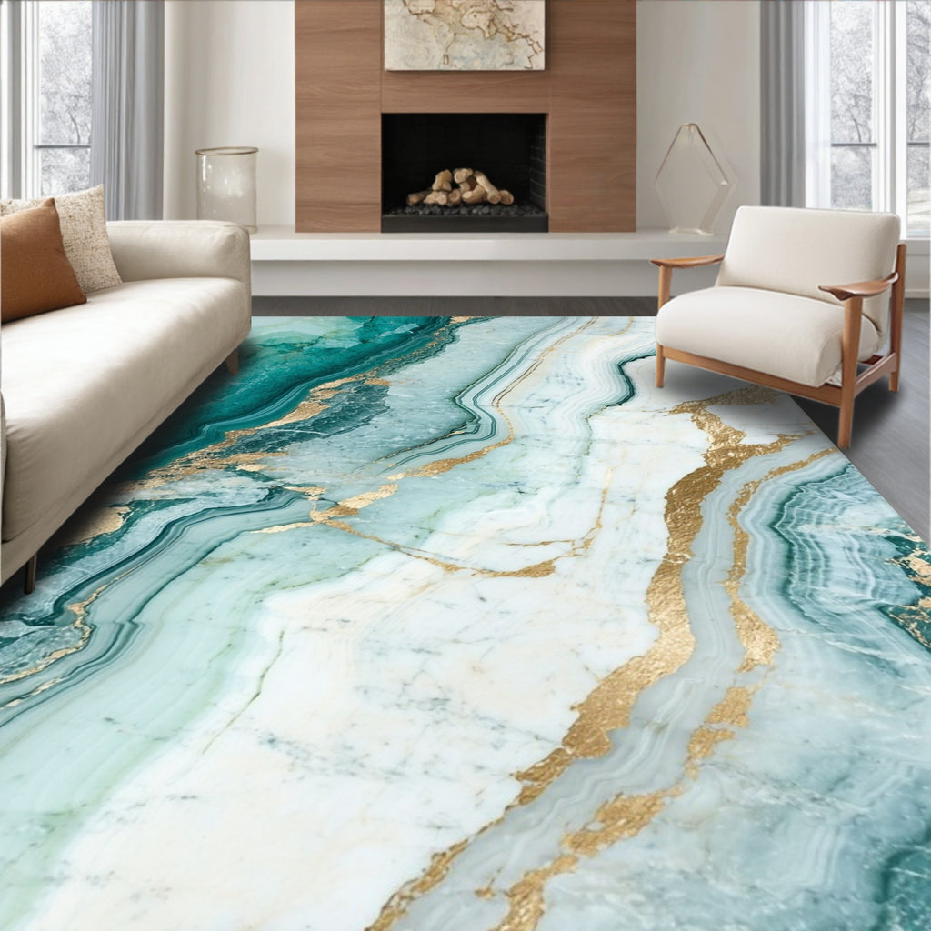 Abstract Teal Gold Veins Rug