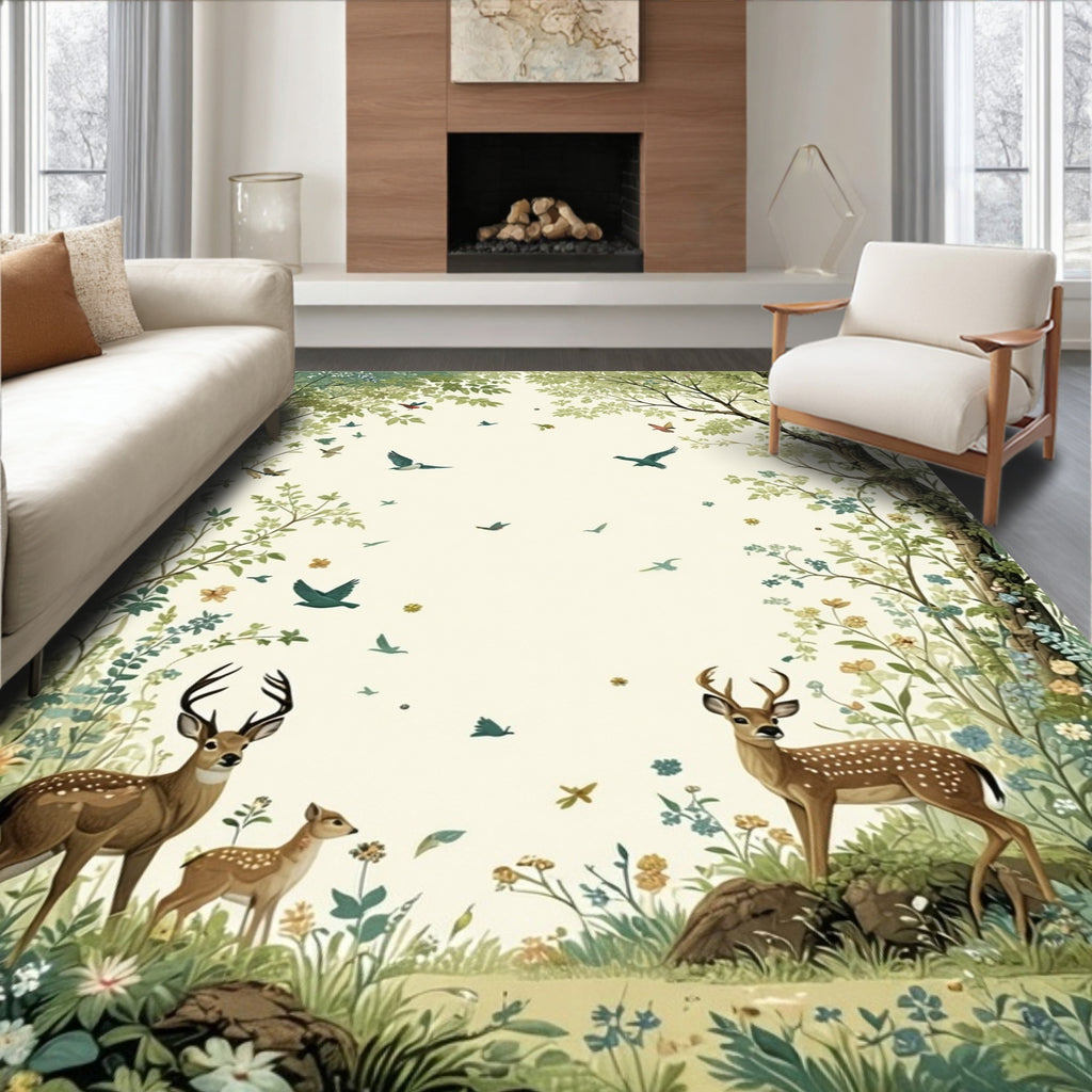 Whimsical Woodland Scene With Deer And Birds Rug
