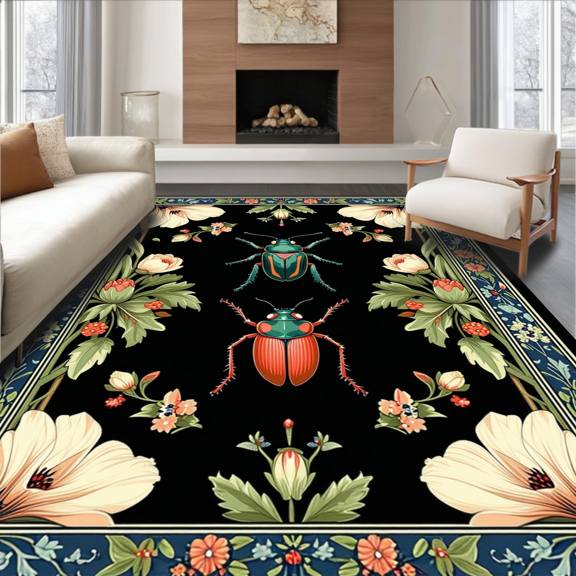 Insect And Floral Patterned Rug