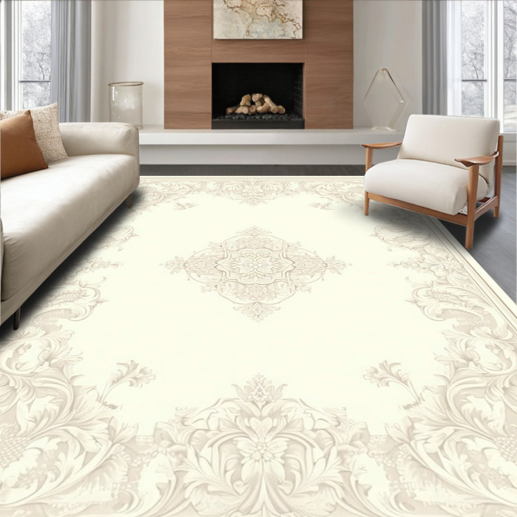 Elegant Cream Floral Relief Design Rug