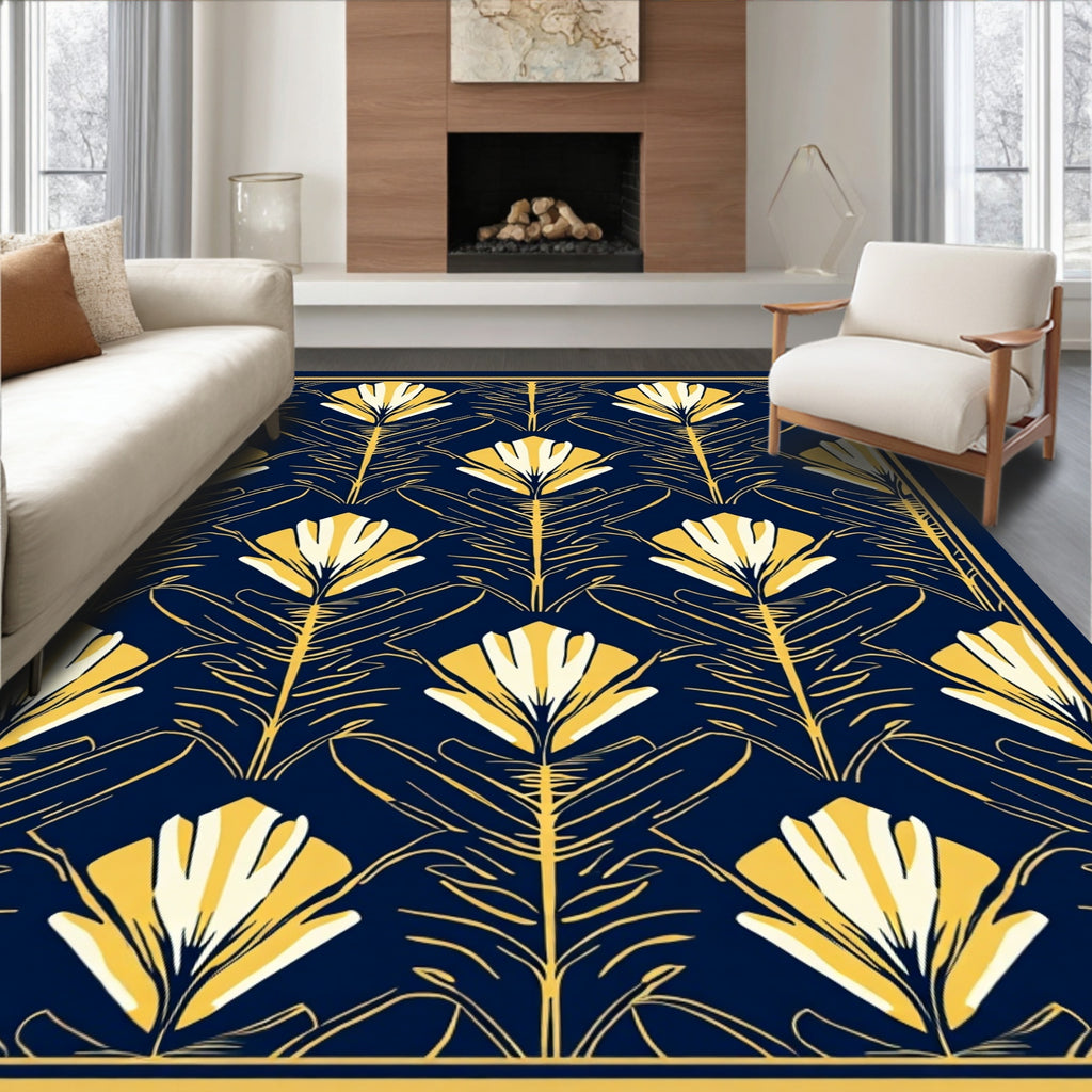 Art Deco Floral Pattern Navy Rug