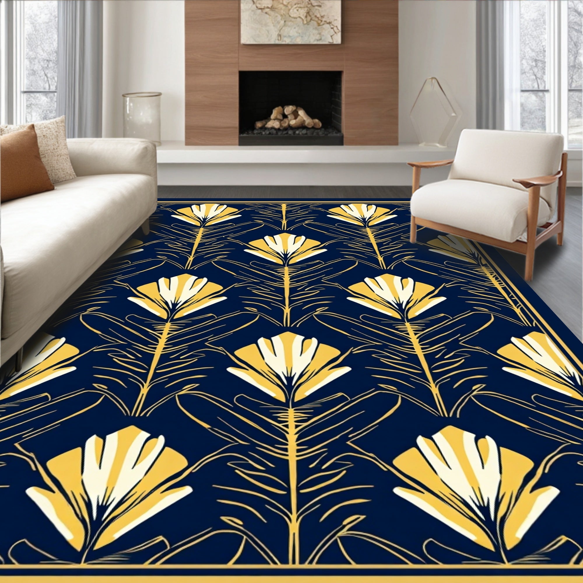 Art Deco Floral Pattern Navy Rug