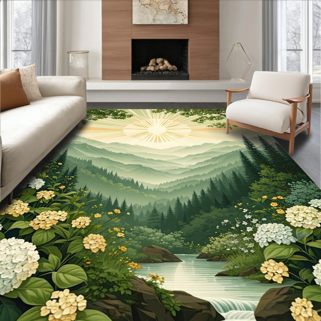 Mountain Sunrise Floral Landscape Rug