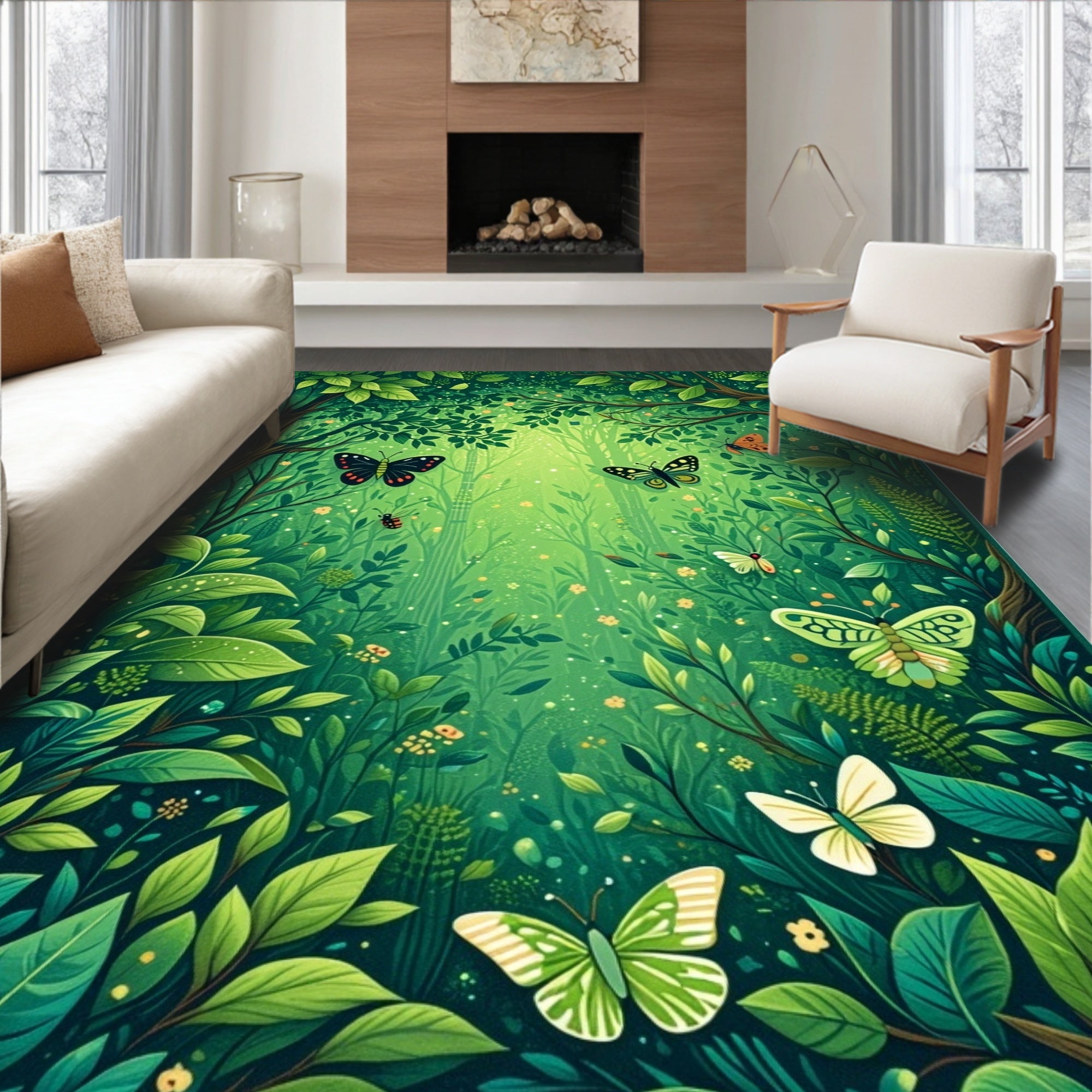 Enchanted Forest Butterflies Flora Pattern Rug