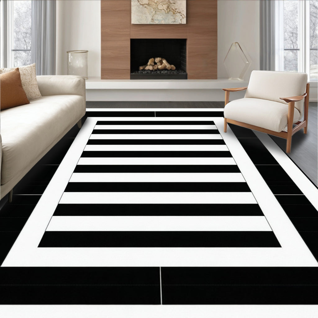 Chic Black White Striped Frame Rug