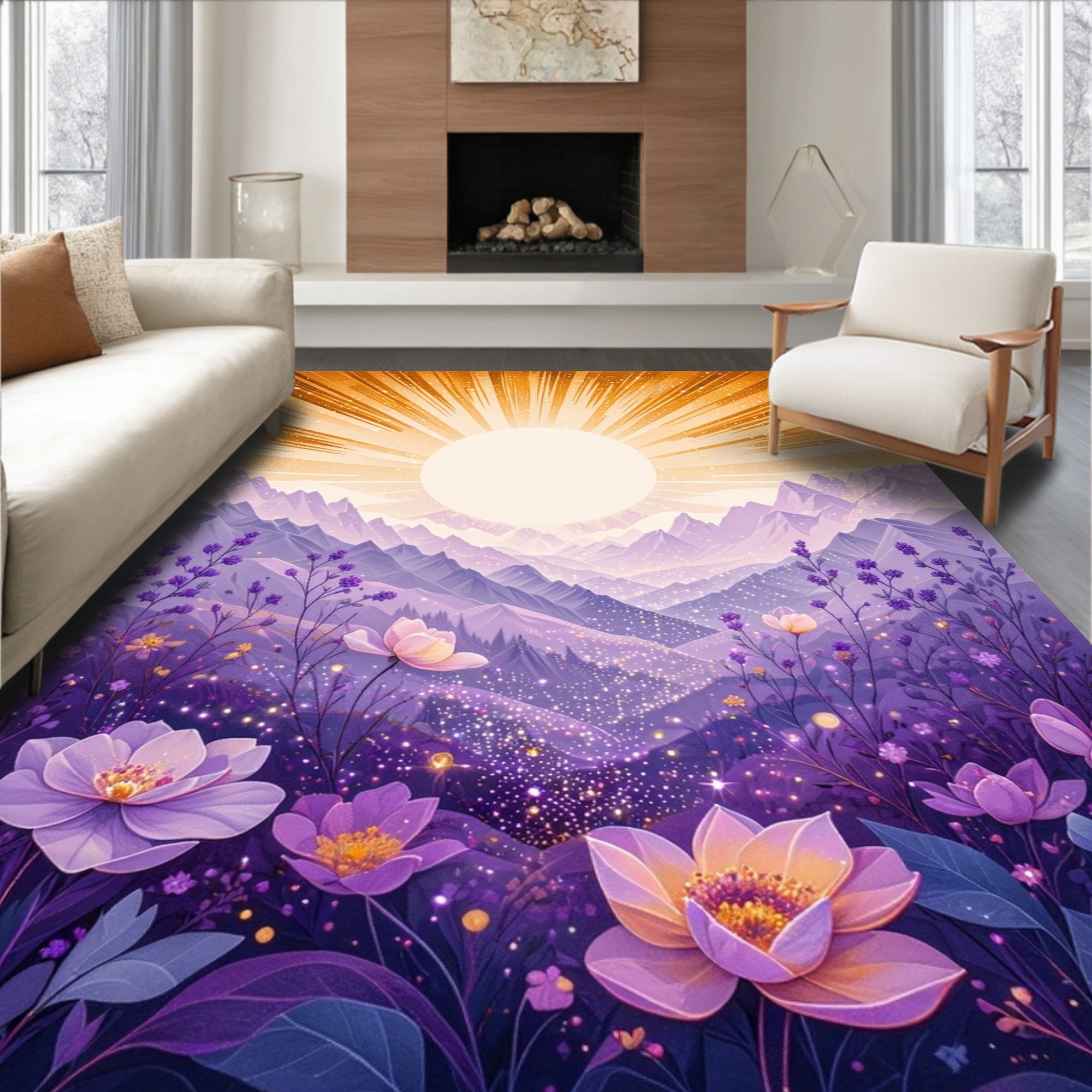 Enchanting Floral Mountainscape With Sun Rug