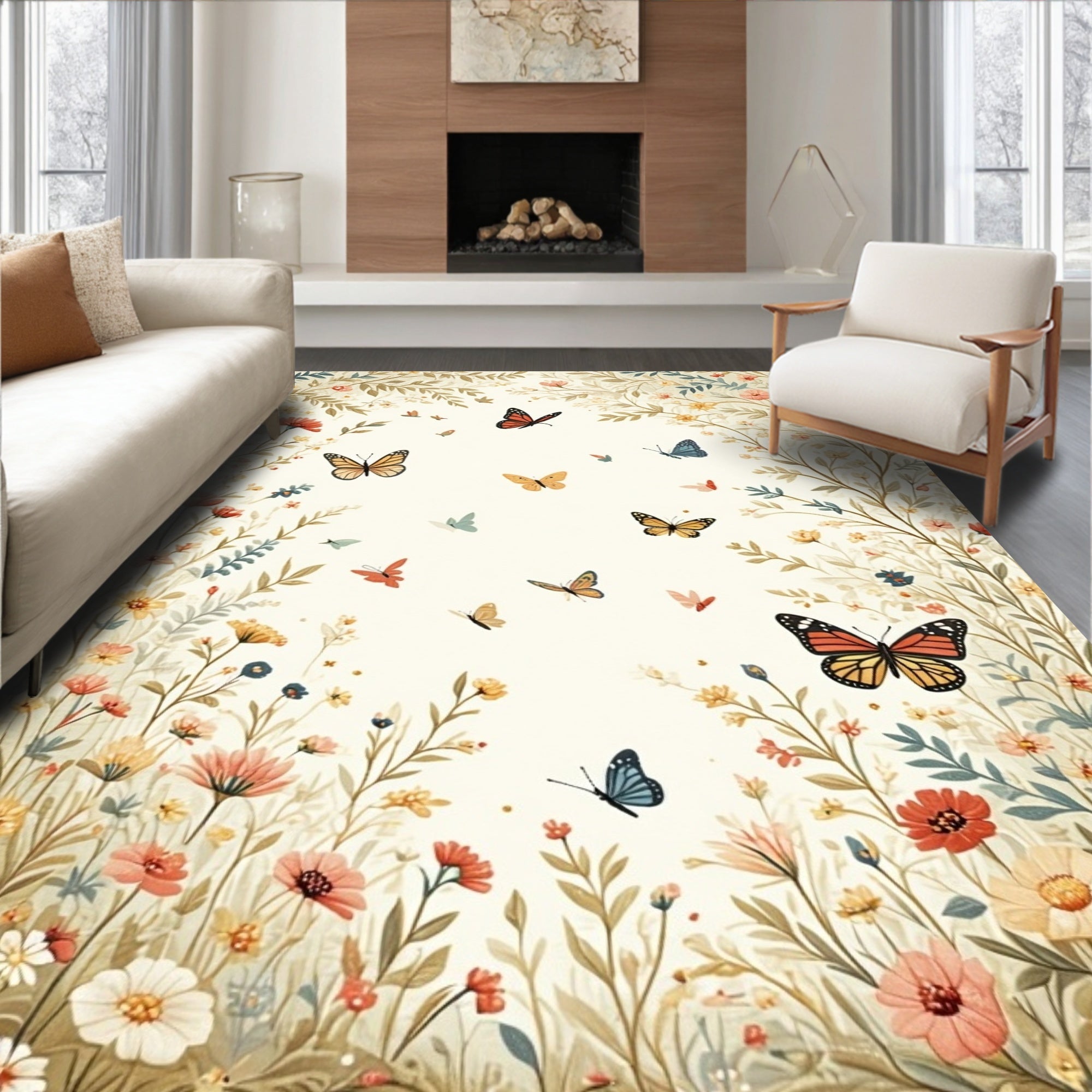 Whimsical Butterfly Meadow Pattern Rug