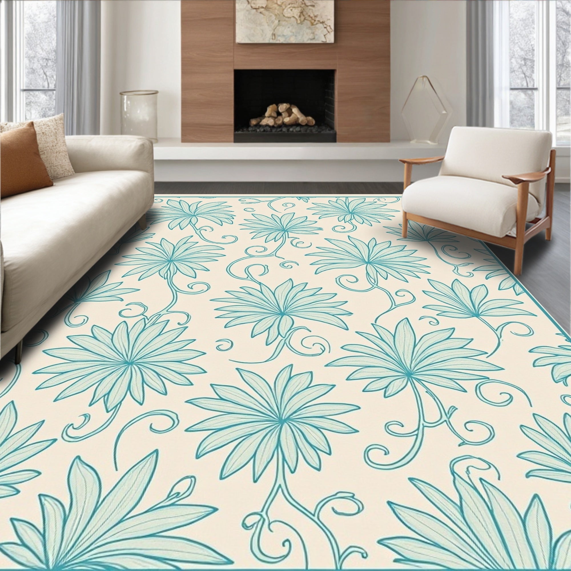 Teal Floral Vine Pattern Rug