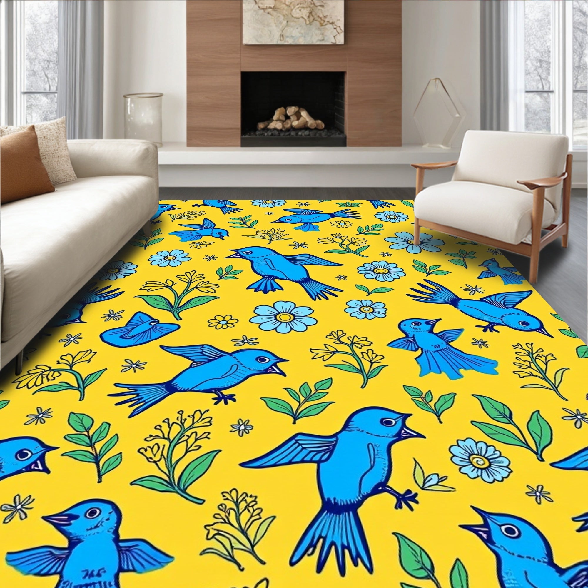 Blue Bird Floral Pattern Rug