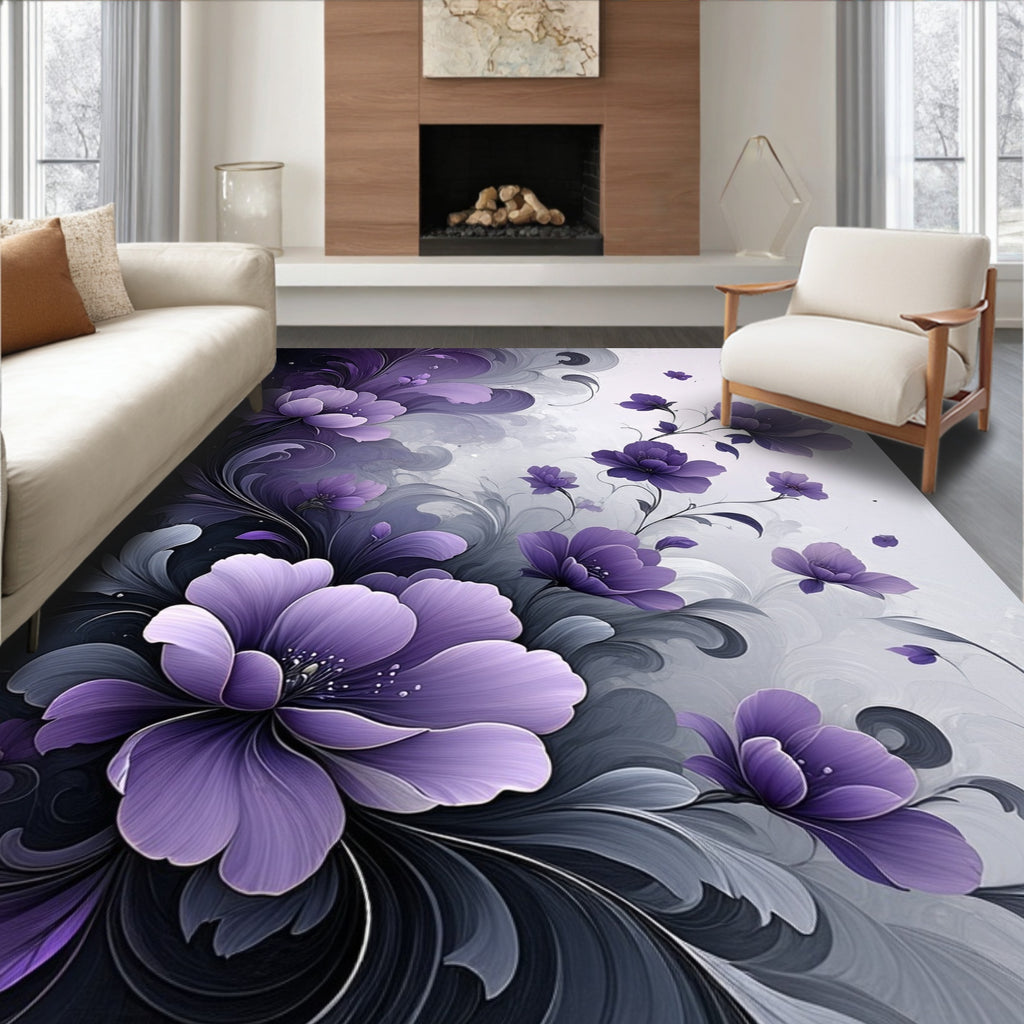 Purple Floral Swirl Abstract Art Rug