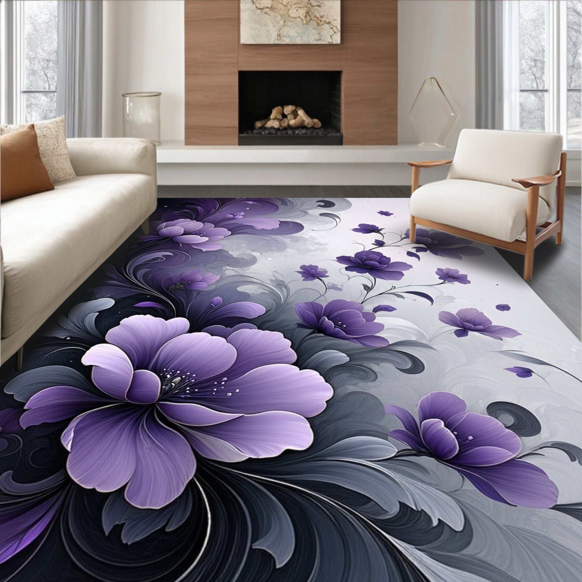 Purple Floral Swirl Abstract Art Rug