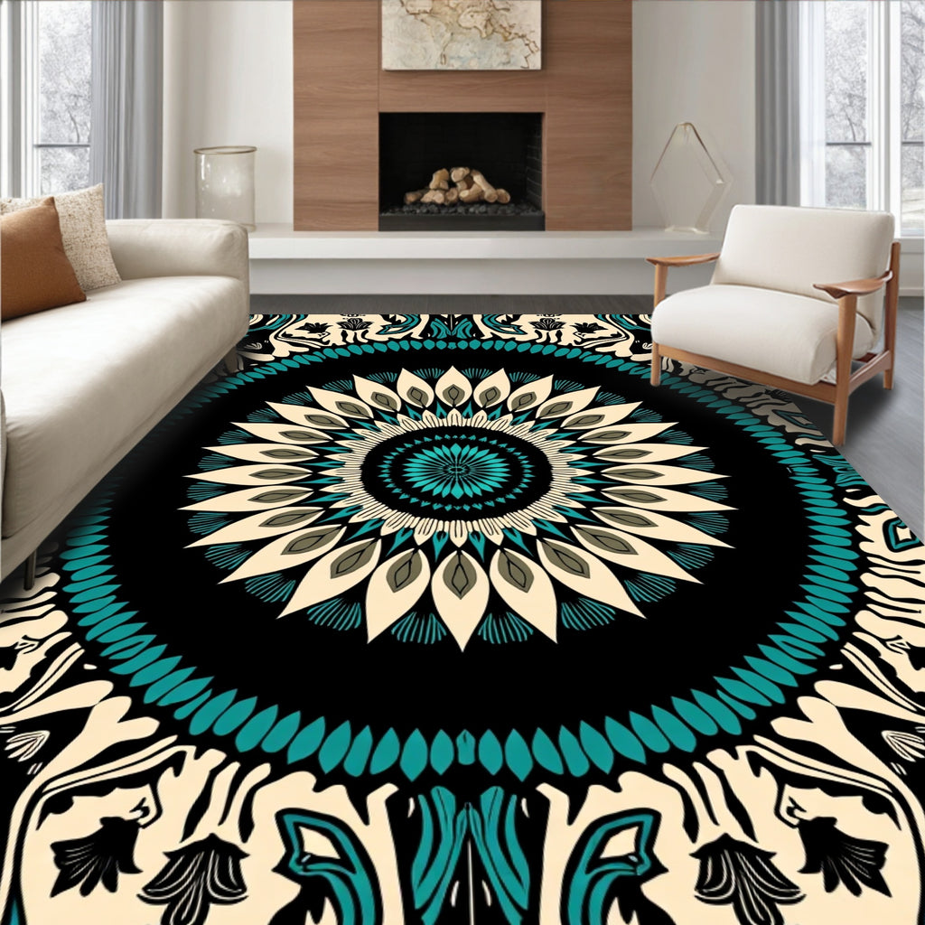 Intricate Teal Floral Mandala Design Rug