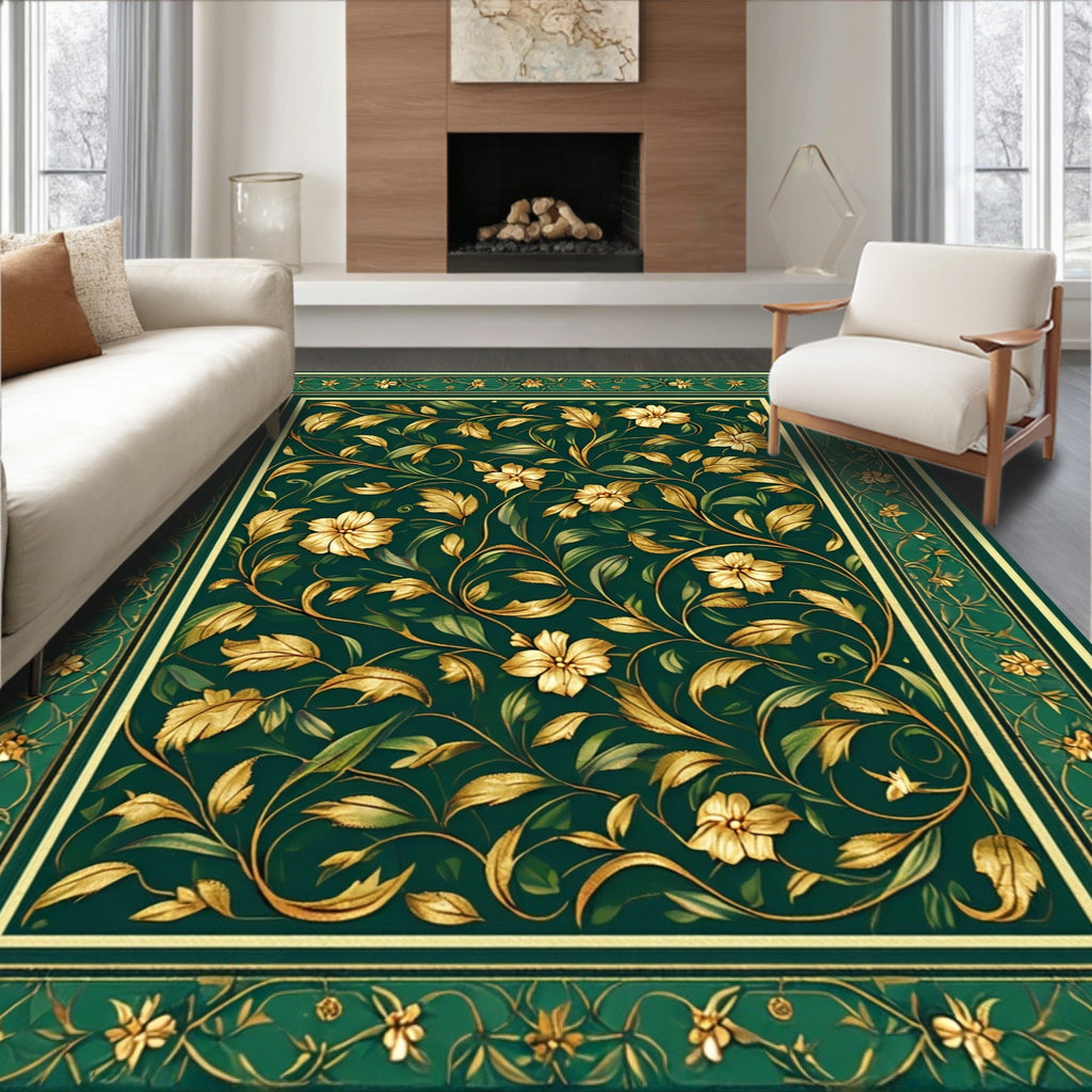 Gold Floral Leaf Dark Green Rug