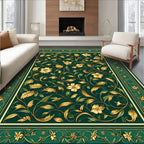 Gold Floral Leaf Dark Green Rug