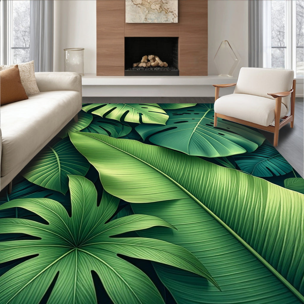 Lush Green Tropical Leaf Pattern Rug